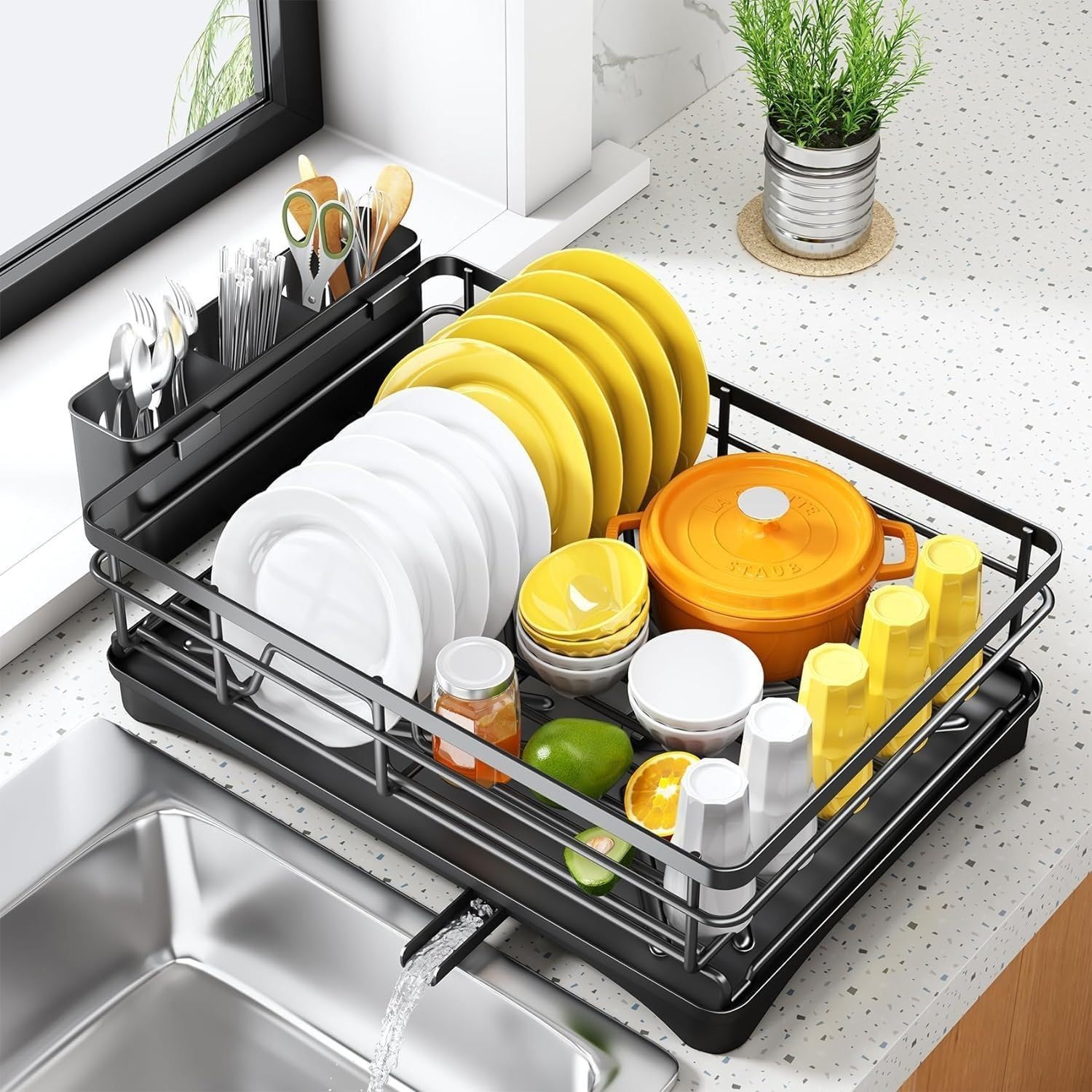 Escurridor Platos para acero Inoxidable 304 Grande Capacidad Organizador Cocina con Bandeja Drenaje Antideslizante para Encimera 42x30cm(A)