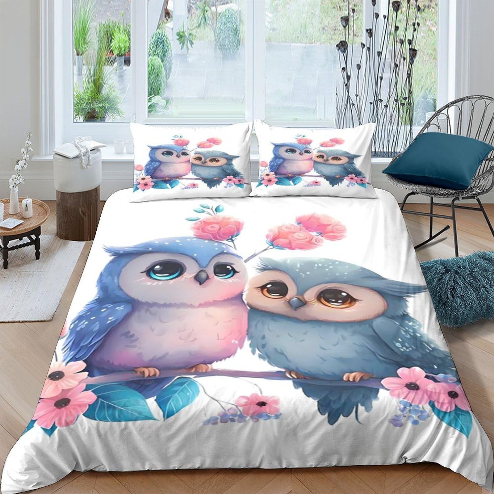 GPLZQXKJNH 3D Printed Cute Owl Duvet Cover Microfiber Soft Breathable Cartoon Couple Bedding Set with 2 Pillowcases for Bedroom Decor Single（135x200cm）