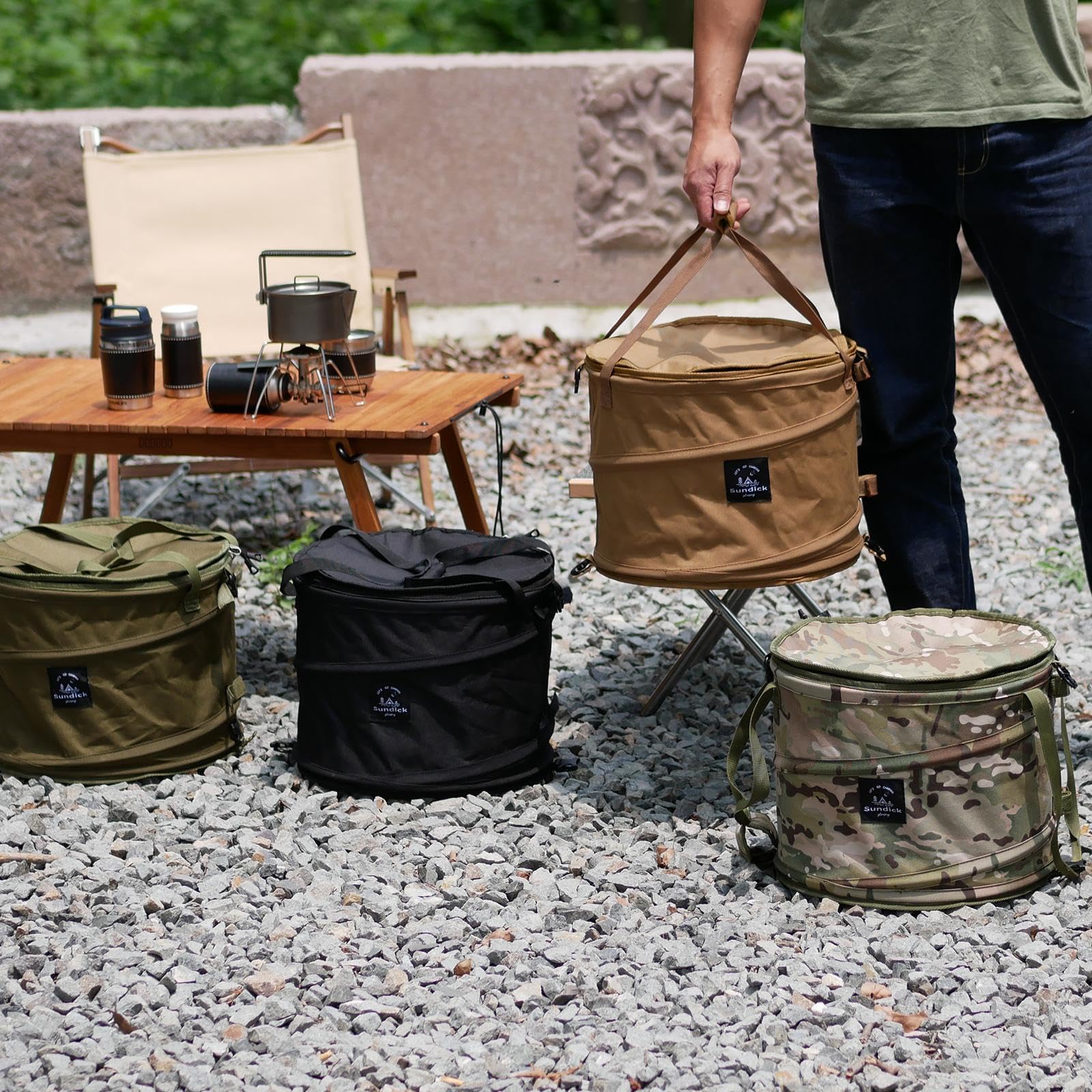 Yiju Camping Waste Bin with Lid for Trash and Recycling, Laundry Storage for Outdoor Activities, Green Camo