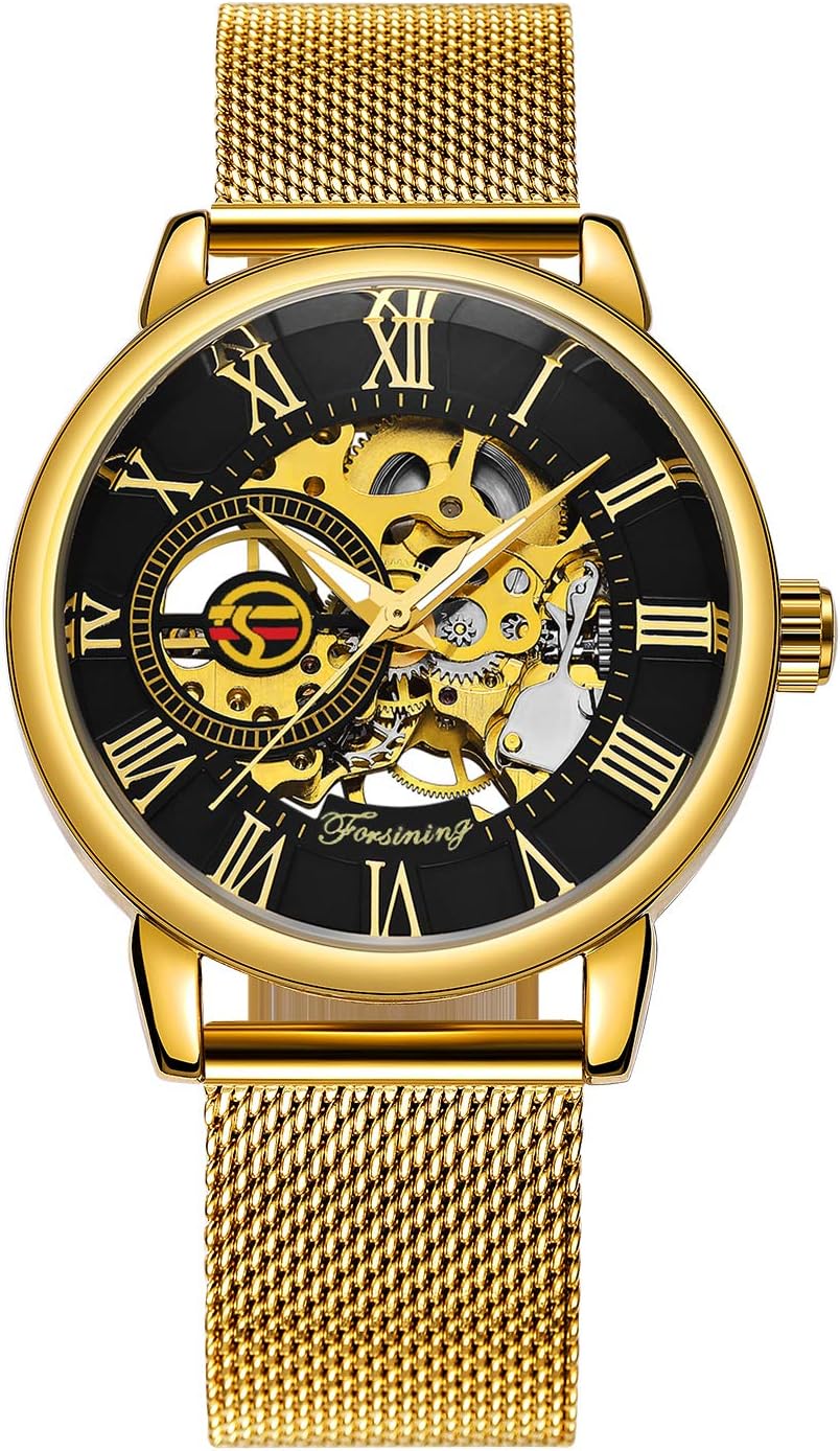 Caluxe Luxury Golden Mechanical Watch Men Skeleton Dial Mesh Stainless Strap Business Royal Design Wristwatch