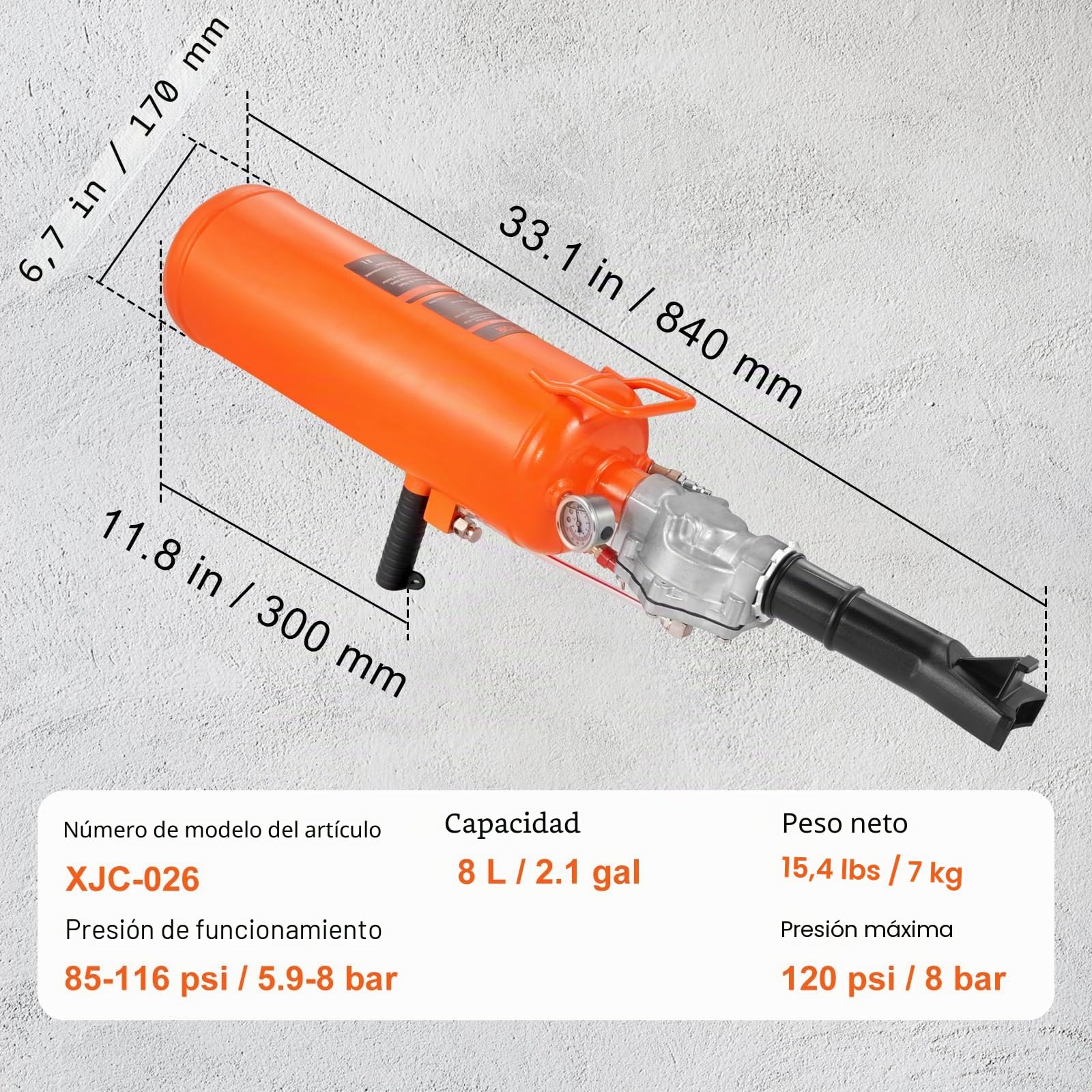 VEVOR Inflador de neumáticos de cañón de aire de 8 L, compresor de aire portátil de 120 PSI, presión de trabajo de 85-116 PSI para tractor, camión, ATV, coche y taller de reparación de automóviles