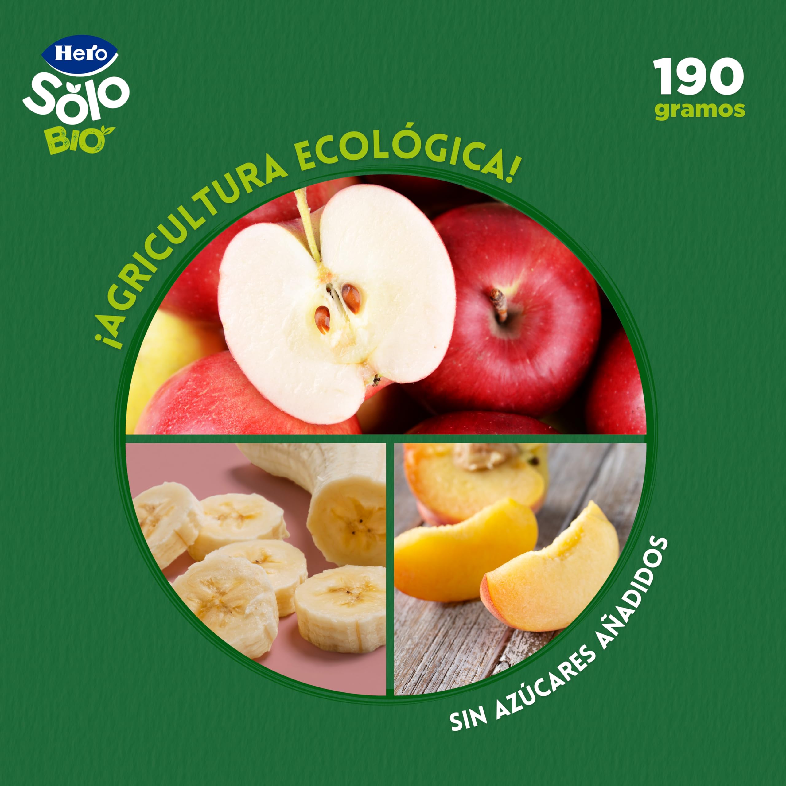 Hero Solo Bio Tarritos de Manzana, Melocotón y Plátano 100% Ecológico, con Ingredientes Naturales para bebés desde los 4 meses - Pack de 12 x 190 g