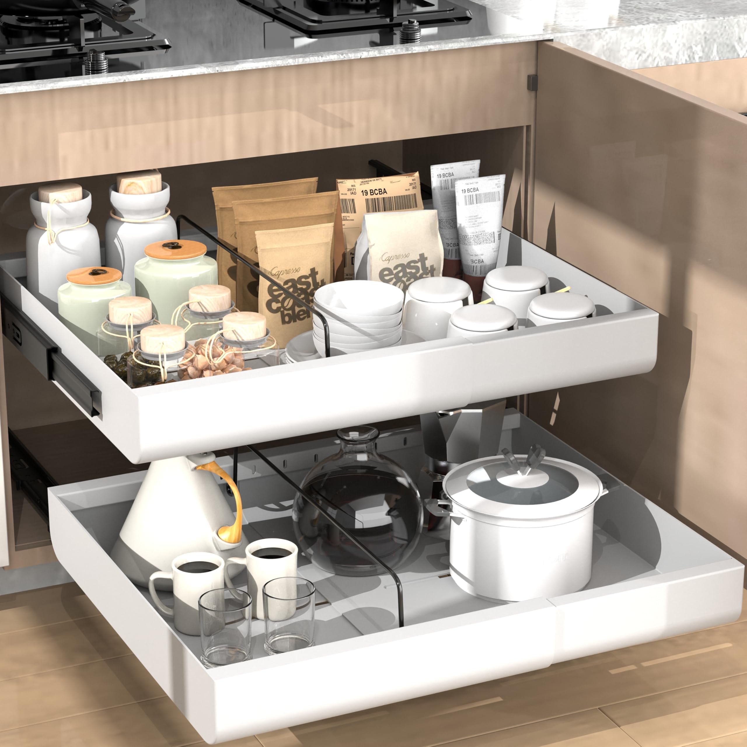 Pull out Cabinet Organizer 16" Deep Heavy Duty Expandable(12.9"-19.7") Slide out Drawers for Kitchen Cabinets with Adhesive 1 Pack Adjustable Roll out Shelf Storage Organization for Pantry Bathroom