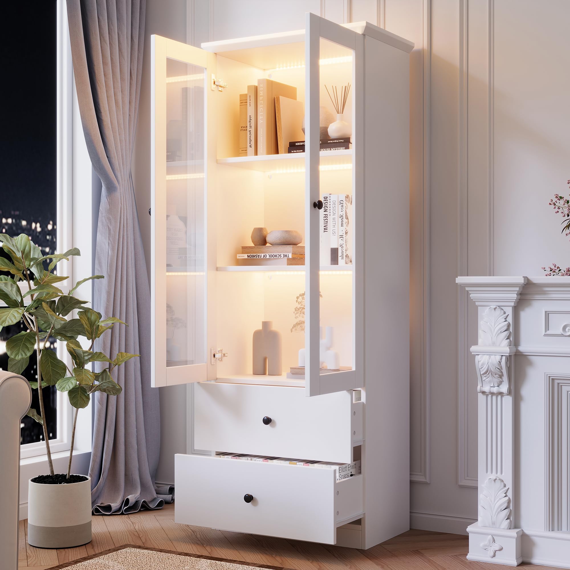 Moderna vitrina LED blanca mate de 165 cm de alto con puerto USB, mando a distancia de 16 colores, vitrina de cristal con 2 cajones, vitrina vertical con estantes ajustables, sala de estar