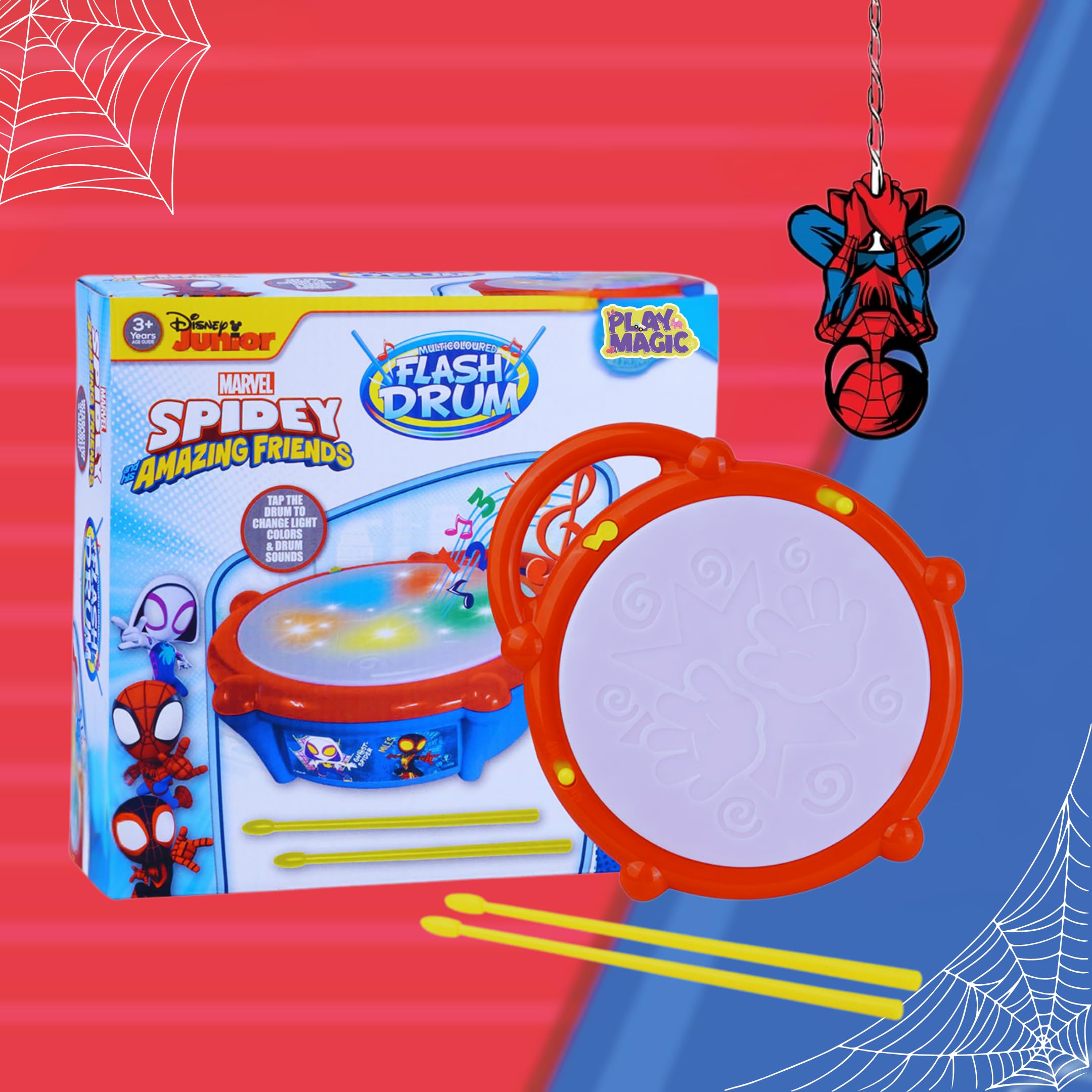 PlayMagic 3D Flash Drum Toy with Flash Light & Musical Sound Instrument|3 X AA Battery Operated (Not Included)|Learning & Educational Baby Toy|Birthday Gift for Kids 3 Years +|Made in India|Spiderman-image-19