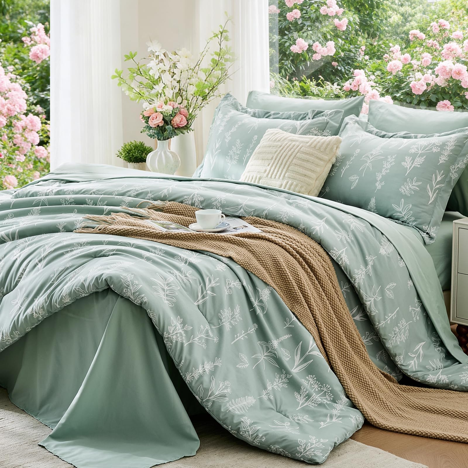 MUXHOMO Queen Comforter Set 7 Pieces, Sage Green Bed in a Bag Queen Reversible Botanical Flowers Design, Ultra Soft & Breathable Bedding Sets with Comforter, Sheets, Pillowcases & Shams
