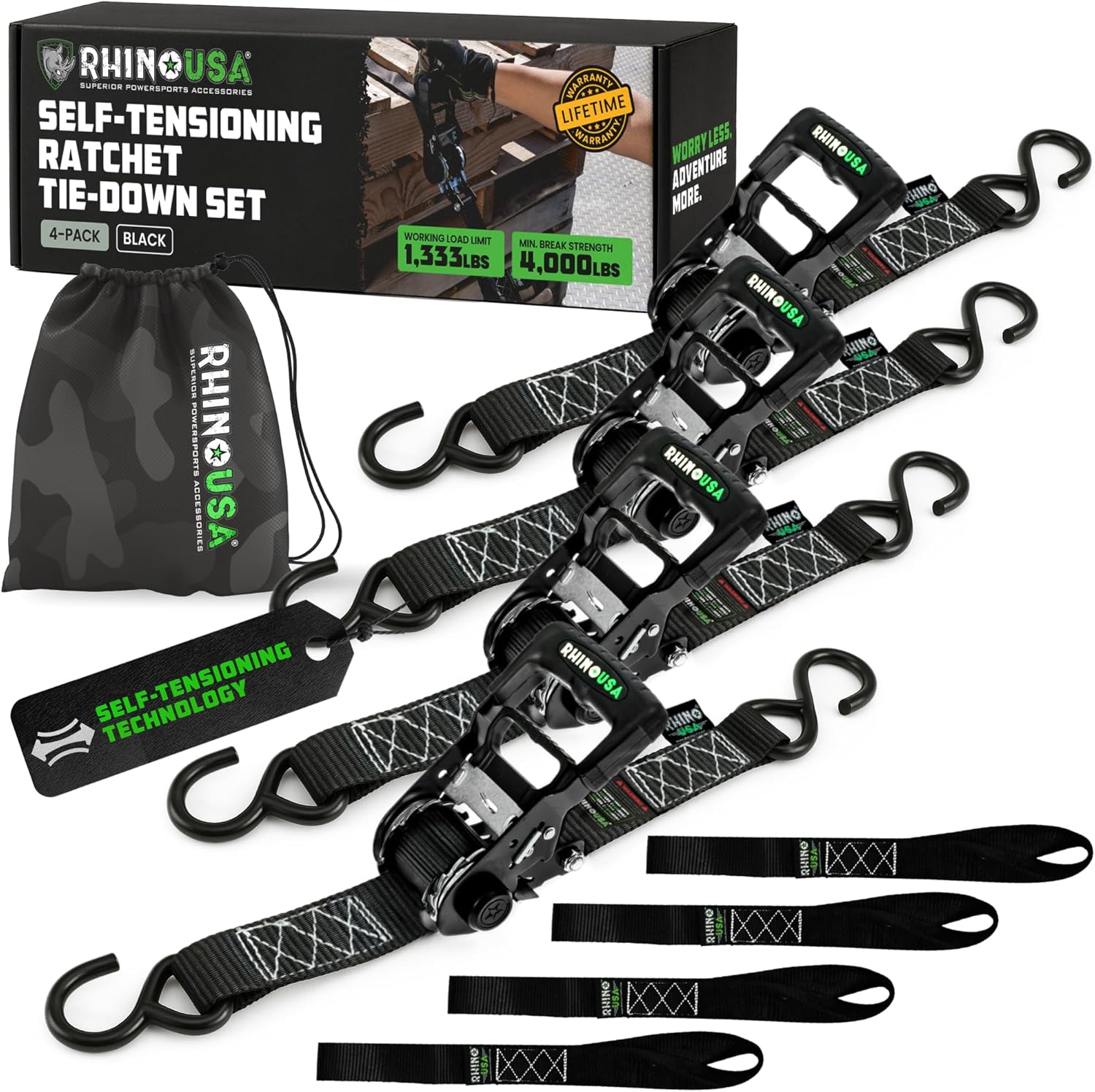 Rhino USA Self Tensioning Ratchet Tie Down Straps (4PK 1.6INX15FT)- Heavy Duty Patented Cargo Strap Keeps Tension When Your Load Shifts - Used for Motorcycle, ATV, UTV, Truck, General Cargo & More