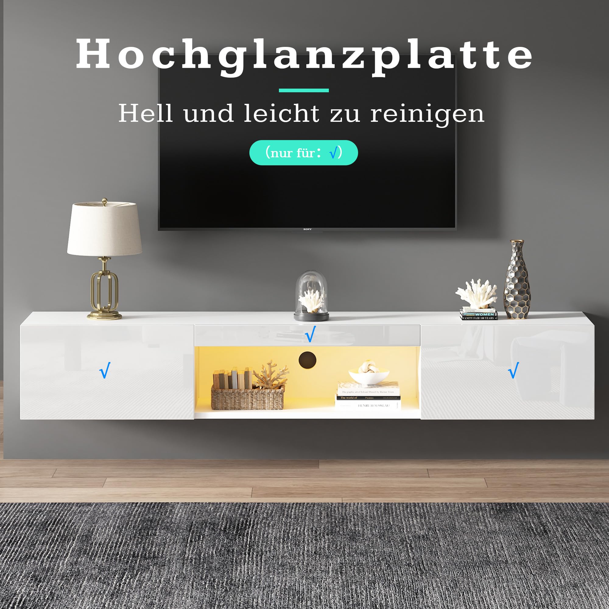 Merax TV Schrank mit LED-Beleuchtung, Lowboard Weiss Hochglanz Hängend, Breite 160 cm, TV Board mit 2 Klapptüren, offenes Fach, Moderner Fernsehschrank Hängeschrank für Wohnzimmer, Schlafzimmer