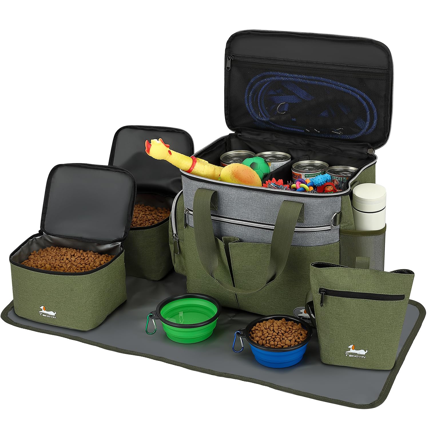 TAIHOYIN Dog Travel Bag for Pet Kit Outdoor with 2 Food Bags + 2 Collapsible Bowls + Feeding Mat + Dog Treat Bum Pouch 7-Piece Set for Pet Accessories Organizer Traveling Walking Camping, Olive Green