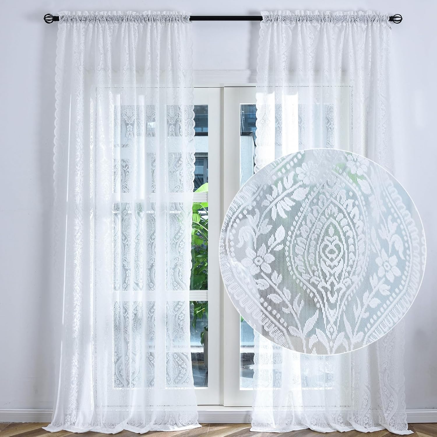 Kotile White Lace Curtains 84 Inches Long 2 Panels, Country Rustic Paisley Floral Sheer Lace Curtains for Living Room, Rod Pocket Privacy Bohemian Medallion Damask Lace Window Drapes, 52 x 84 Inch