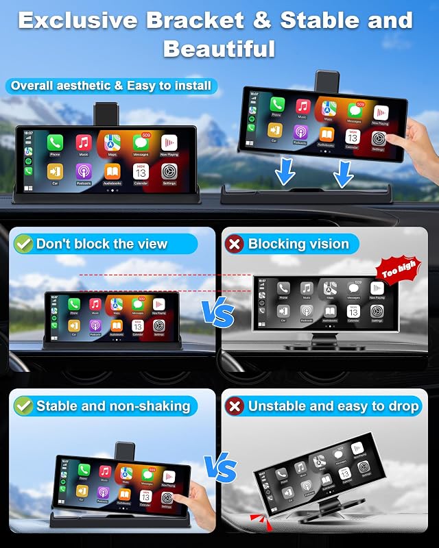 Vtopek 10,26" 4K Apple CarPlay Kijelző 350° Forgatható Kamerával - Vezeték Nélküli Android Autós Monitor, Bluetooth, Siri, Navigáció, 64GB T