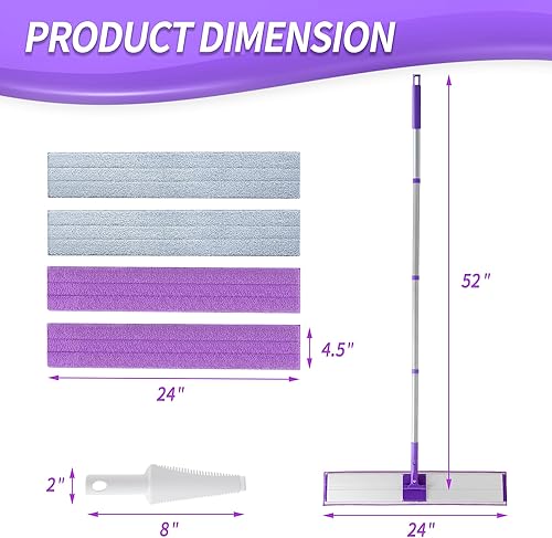 Miniatura 8 de Trapeador de microfibra de 24 pulgadas para limpieza de pisos, mopa seca y húmeda para madera dura, laminado, azulejos, vinilo, con 4 almohadillas
