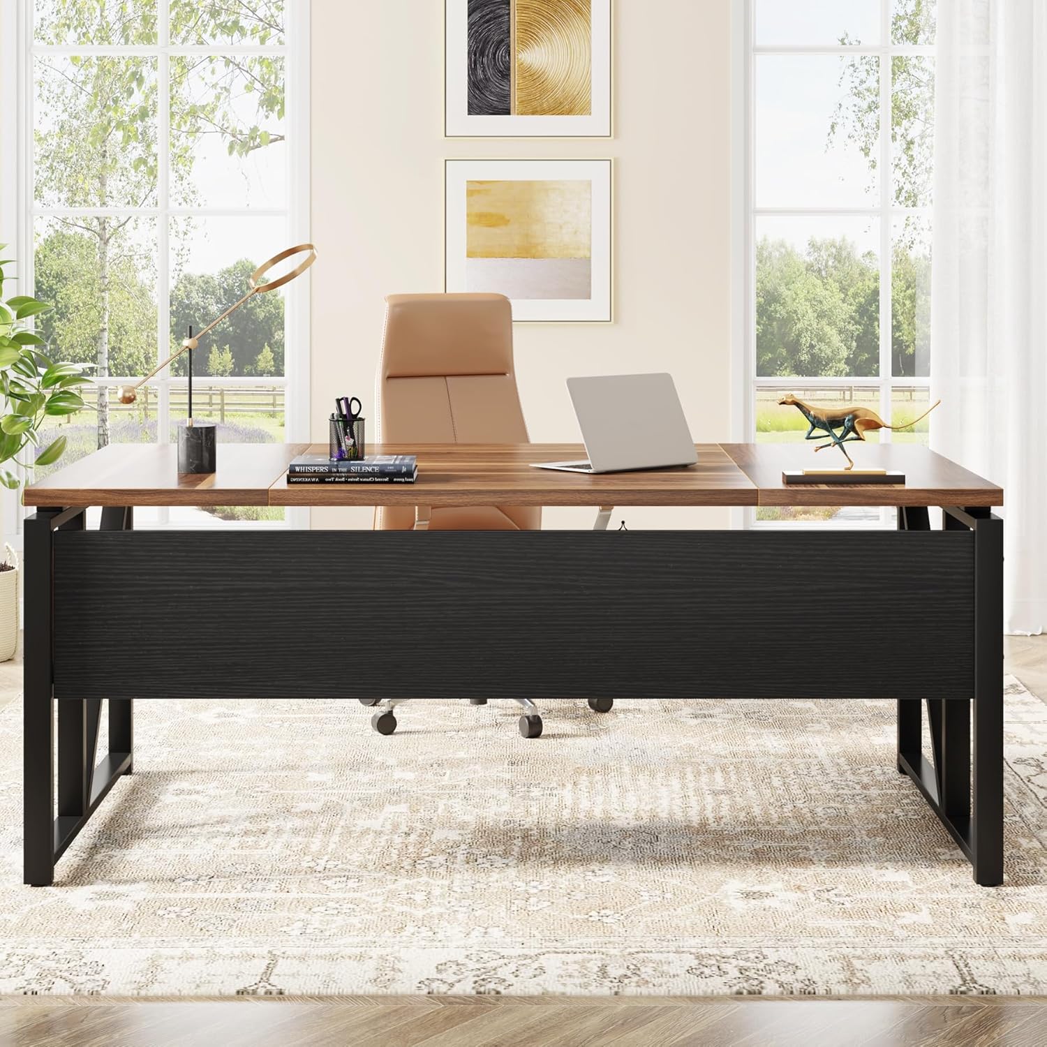 Close-up images detailing the thickened particle board desktop, heavy-duty metal frame, and adjustable leg pads of the Tribesigns desk.