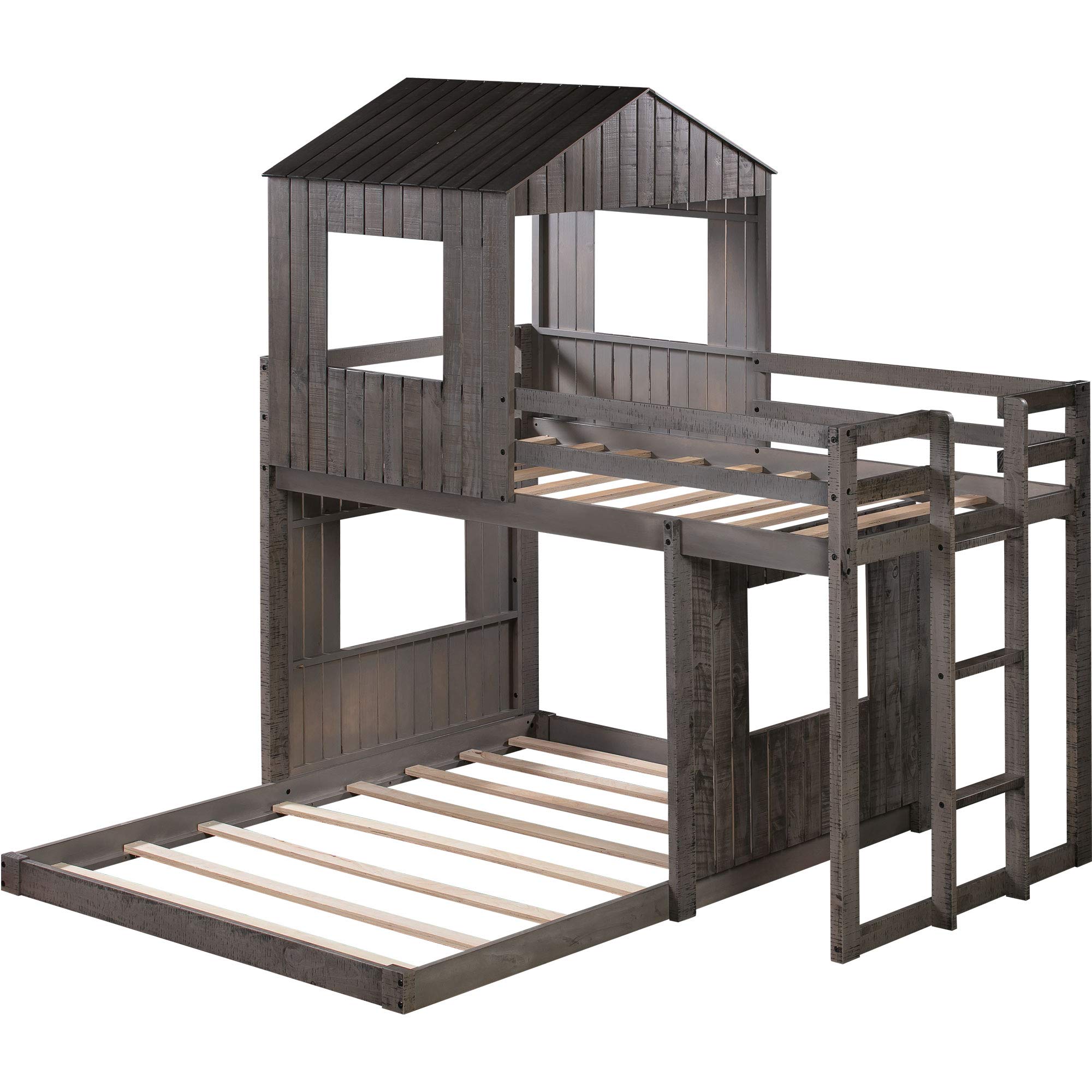 Polibi Twin Over Full Wooden Loft Bed, Bunk Bed with Playhouse, Farmhouse, Ladder and Guardrails for Boys and Girls (Antique Gray)