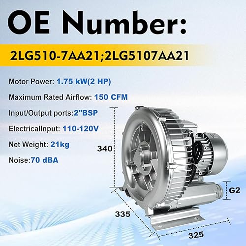 Miniatura 2 de 2HP Soplador regenerativo 1.75 kW 150 CFM 2" BSP 110-120V Bomba de vacío industrial de alta presión para soplado de aire o succión para 2LG510-7AA21
