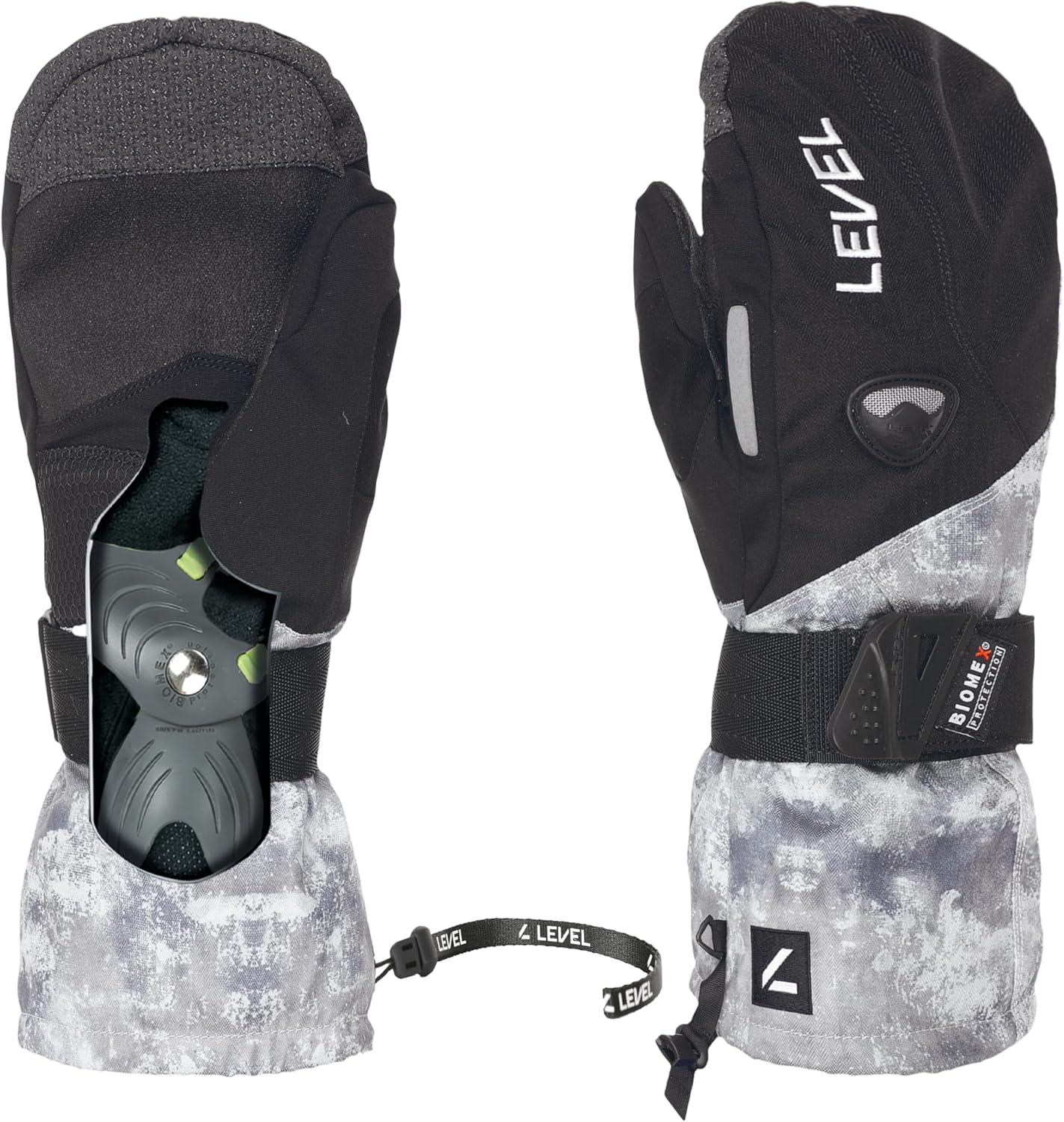 Level Fly Ski & Snowboard Mittens – Biomex Wrist Protection, Membra‑Therm Plus Waterproof Insert, Over‑Cuff Gauntlet w/Elastic Cord, Removable Fleece Liner, Warmth Index 3000 – Pattern, 9 - L