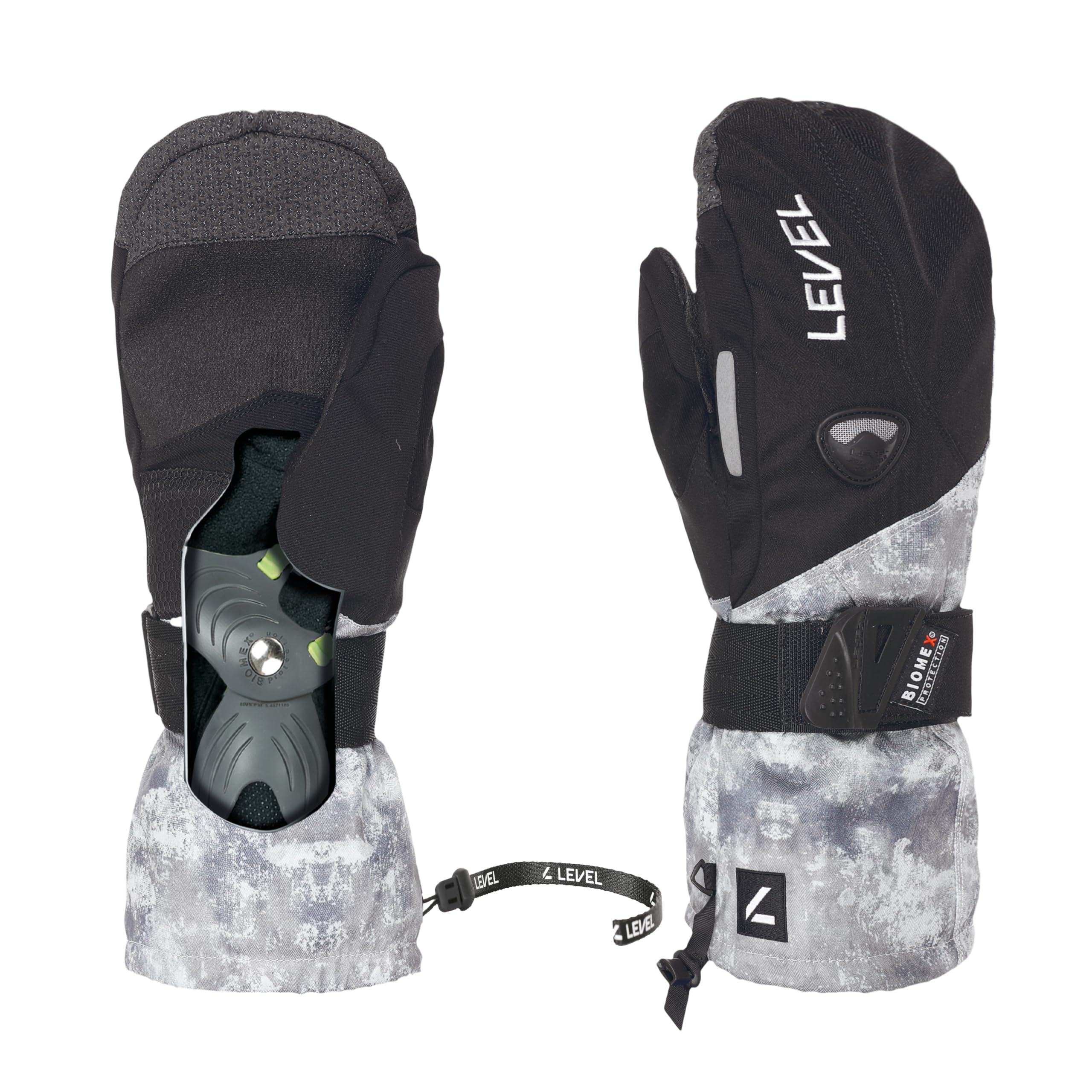 Level Fly Ski & Snowboard Mittens – Biomex Wrist Protection, Membra‑Therm Plus Waterproof Insert, Over‑Cuff Gauntlet w/Elastic Cord, Removable Fleece