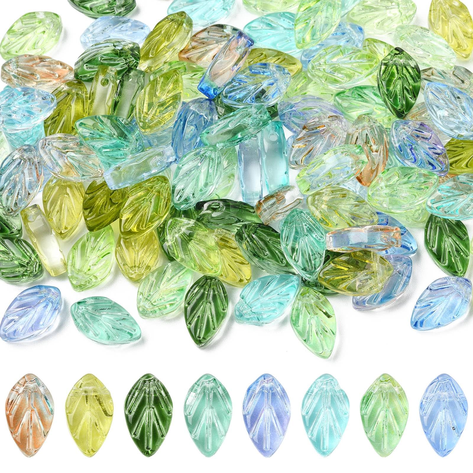 Stiesy 100Pcs Handmade Lampwork Leaf Beads with 1mm Hole Top Drilled Transparent Lampwork Glass Crystal Beads Bulk for Necklace Bracelet Earring Pendant Craft Jewelry Making Supplies