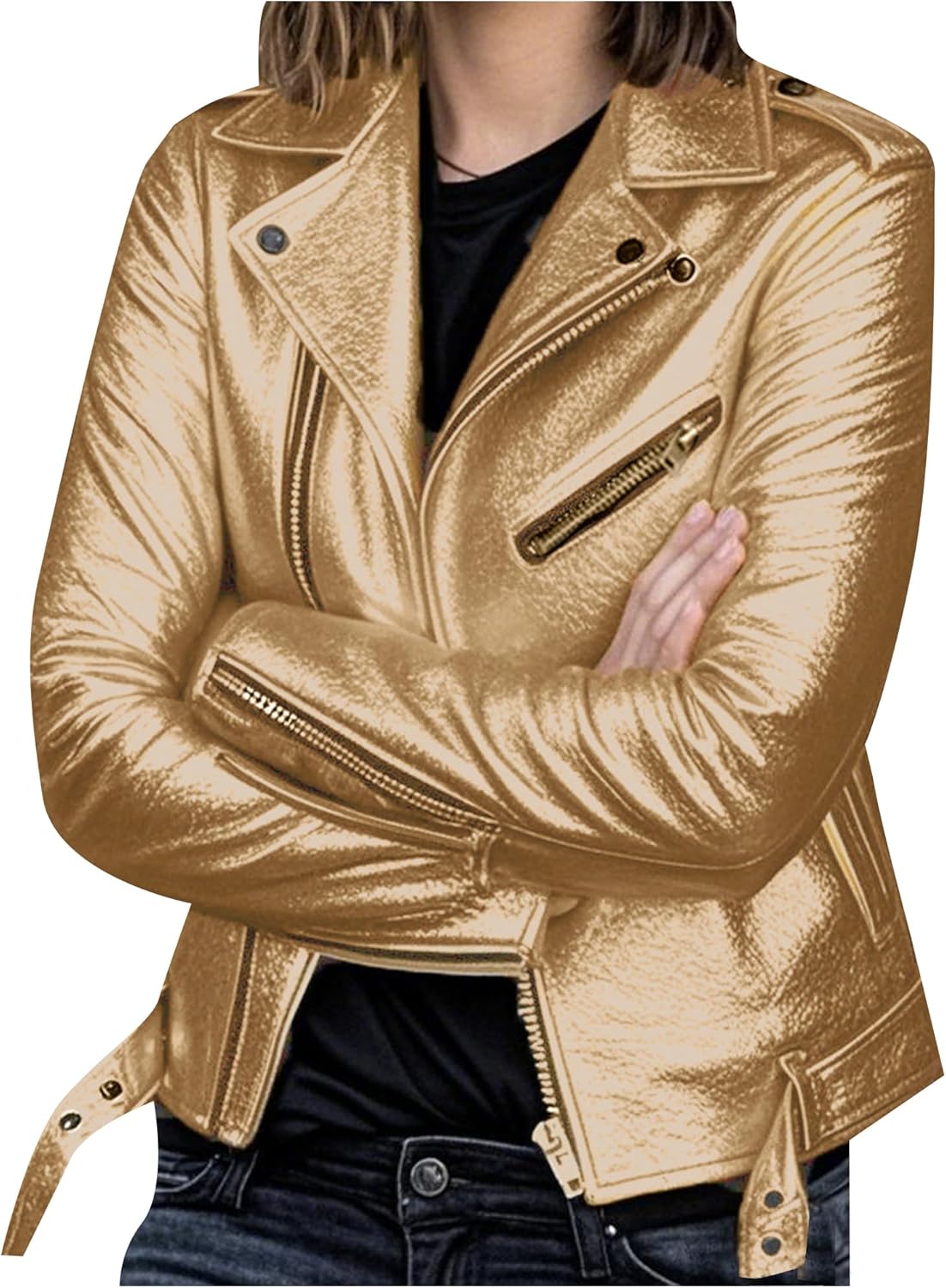 YMING Womens Classic Faux Leather Moto Jacket Notch Lapel Collar PU Jackets Autumn Zip Up Coats with Pockets