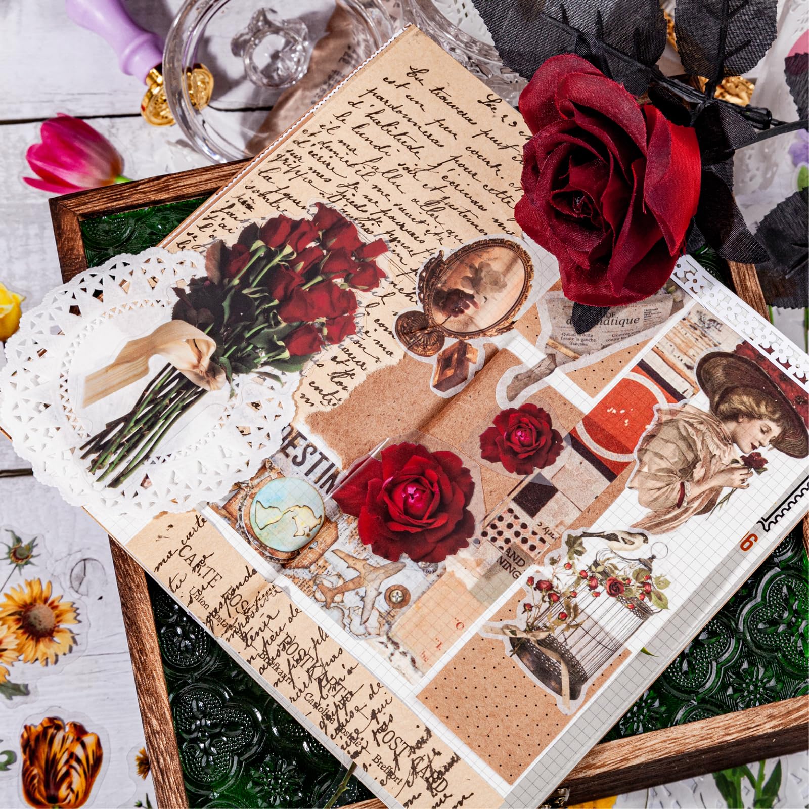 Teozeqe Wysokiej jakości zestaw do scrapbookingu, 186 sztuk, 90 dużych, realistycznych naklejek z motywem kwiatowym, 96 arkuszy papieru w stylu vintage, do rękodzieła, bullet journal i