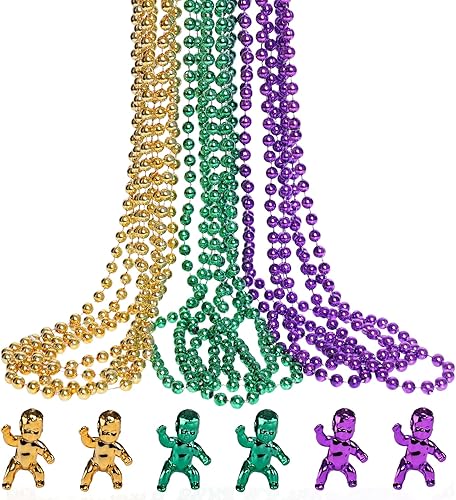 ZZYFGH Collar de cuentas de Mardi Gras 12 piezas y Mini King Cake Babies 6 piezas Oro Metálico Morado Verde Accesorio de Disfraz para Fiesta