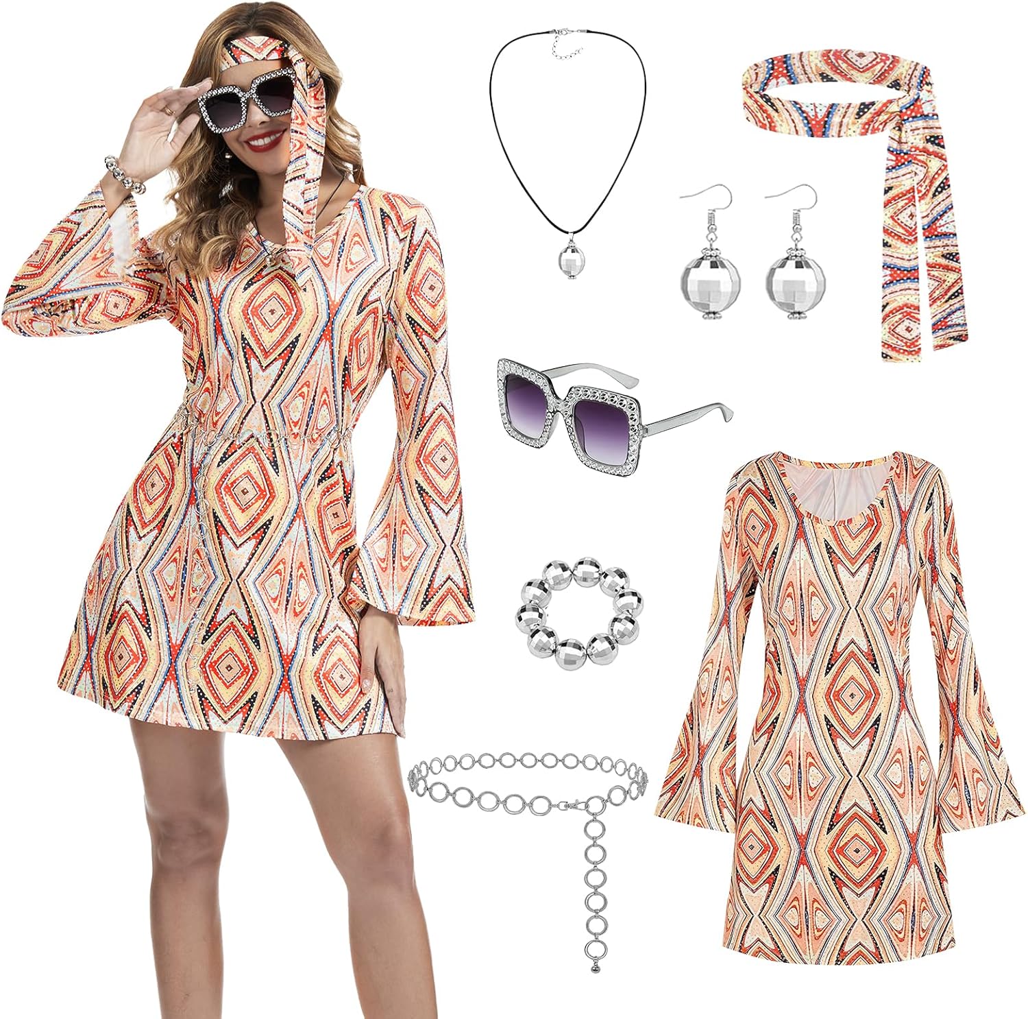 70s Disco Outfits for Women, 7 Pcs 60s Outfits Hippie Costume Women Accessories Jewelry Prom Bling Dress