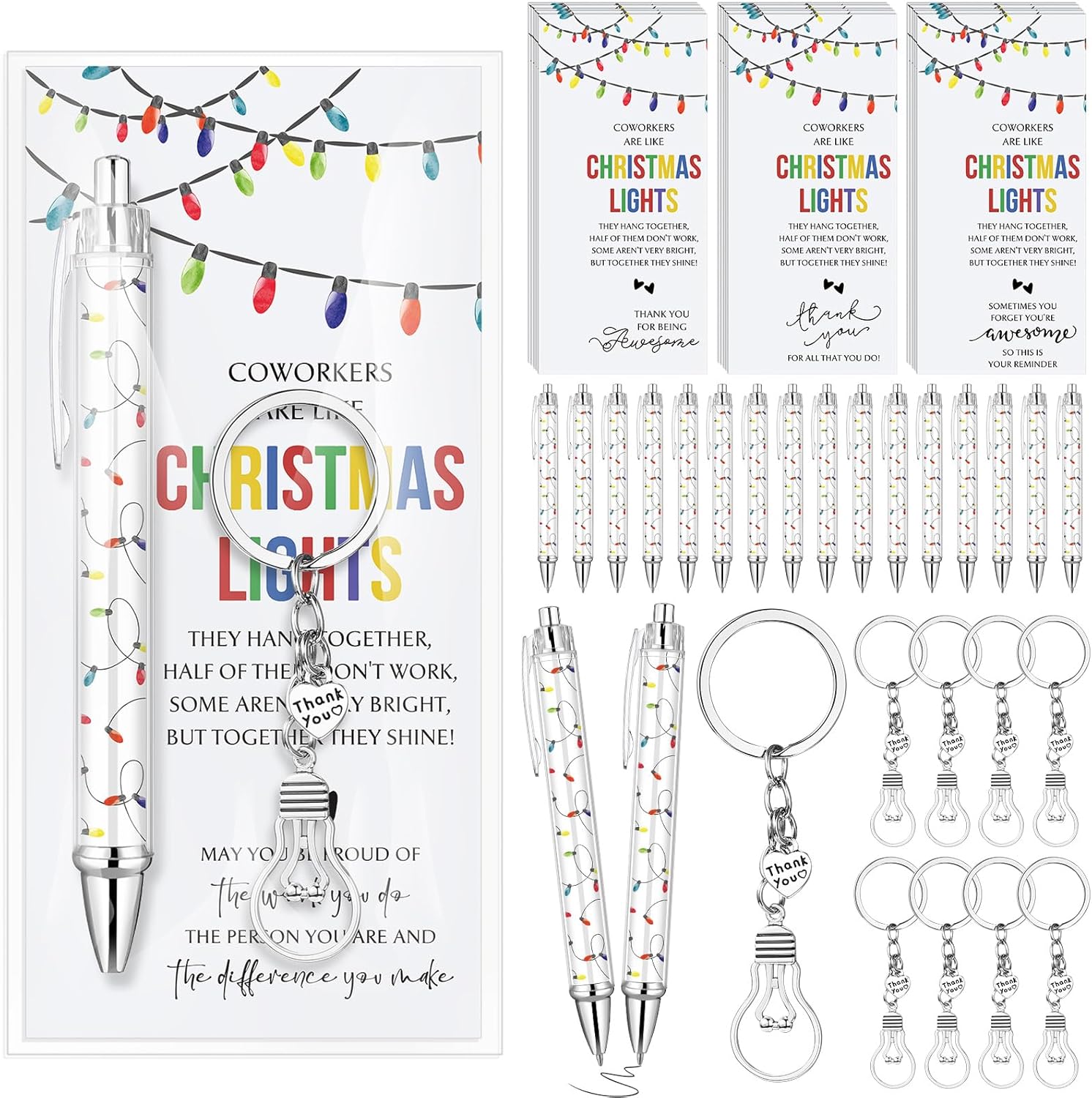 Tondiamo 40 Set Christmas Coworker Appreciation Gifts, Employee Bulk Gift Set with Pens, Light Bulb Thank You Keychains Coworkers Are Like Christmas Light Cards for Staff Teachers Team Office