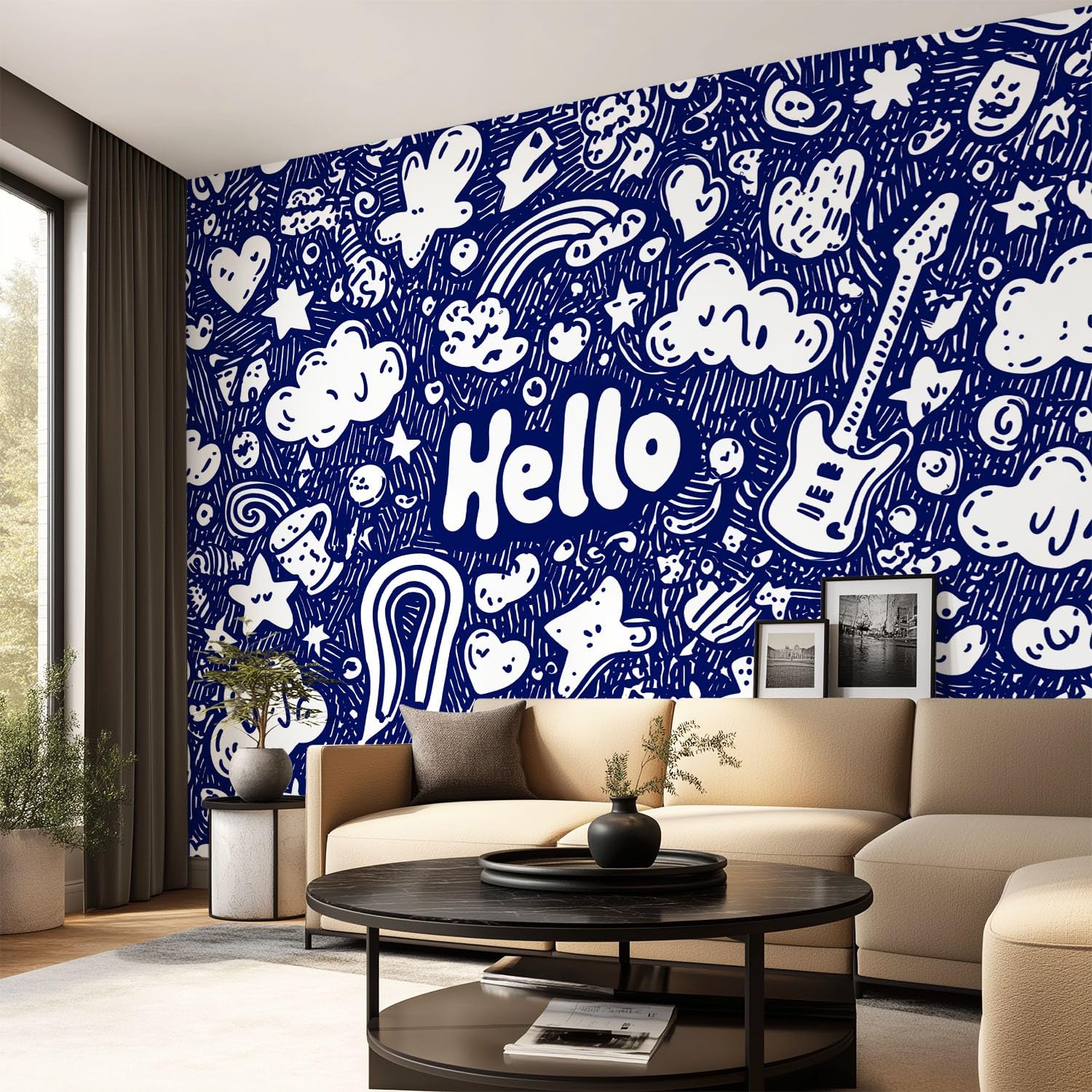 Generisch Elegancka tapeta z kreskówki, napis - chmury, serca, gitara wzór - tapeta na flizelinie, dekoracja ścienna, nowoczesna tapeta ścienna, dekoracja ścienna, tapeta z motywem, 300 x 210 cm