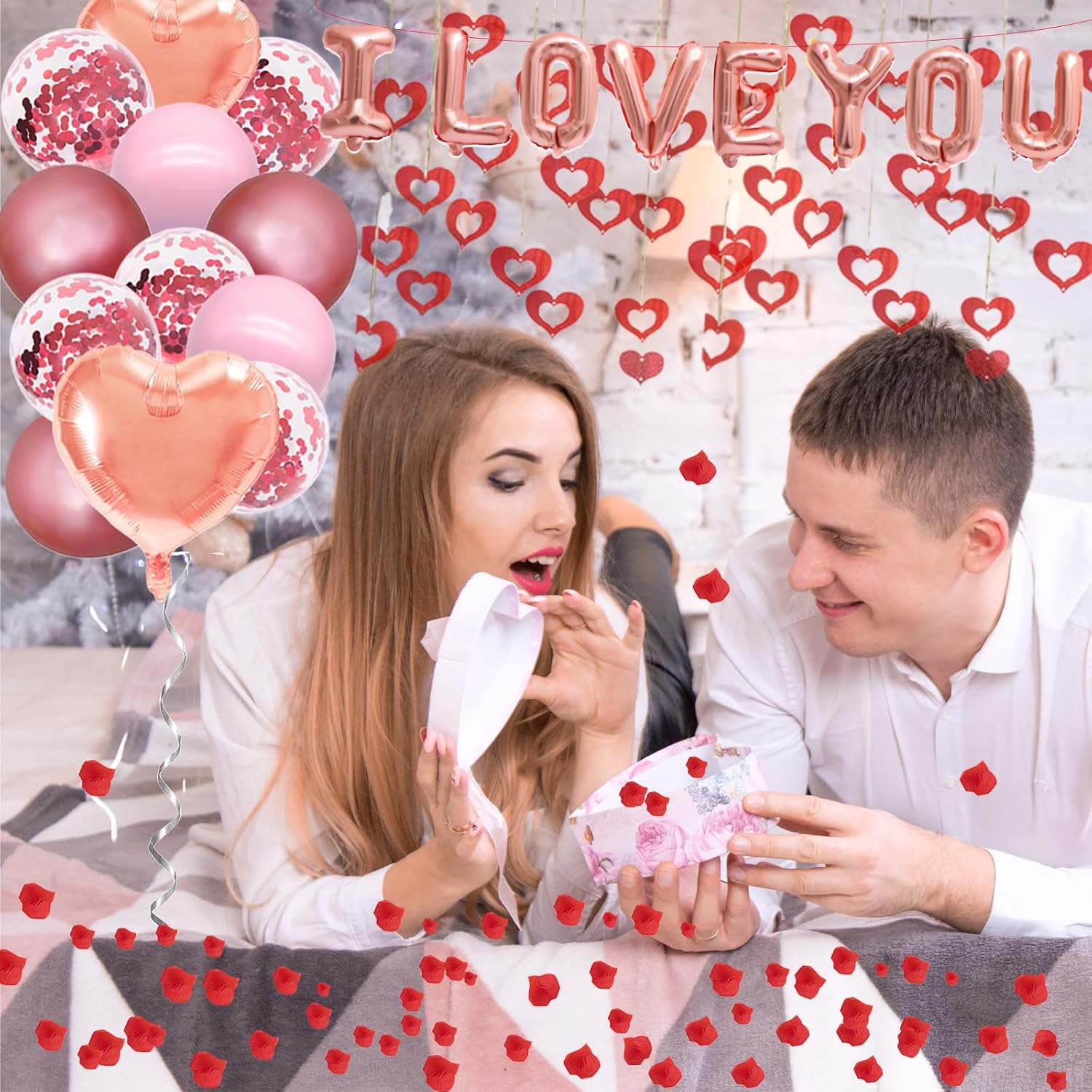 Romantic Valentine's Day Balloons Decorations Set - Heart Shaped and 'I LOVE YOU' Foil Balloon, Pink & Rose Gold & Confetti Latex Balloons, Pendants, and Rose Petals for Wedding Propose Party Favors