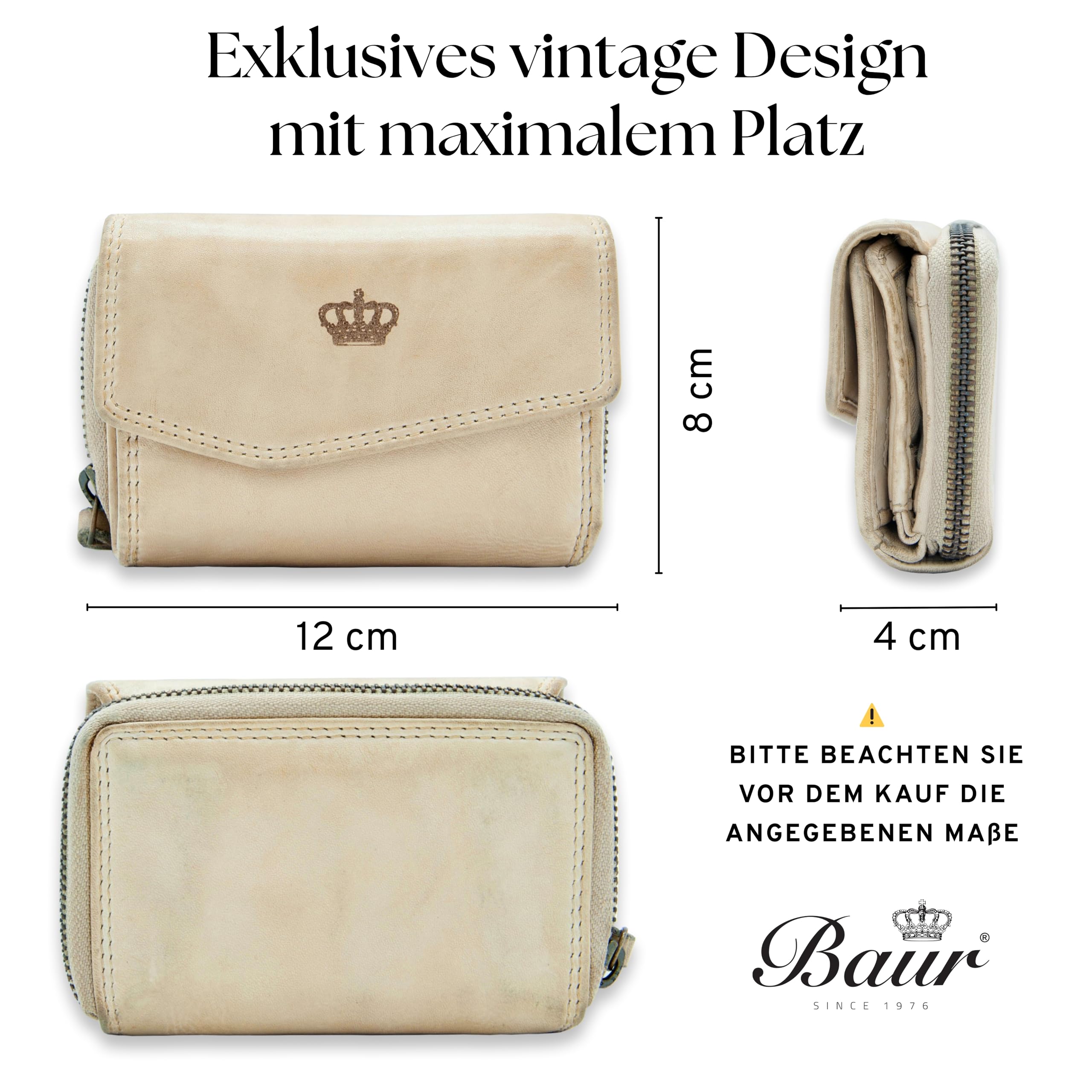 Baur Damen Geldbörse aus extra weichem Waschleder – Geldbeutel im Used-Look mit RFID-Schutz – Kleines Portemonnaie mit vielen Kartenfächern und Münzfach mit Metall-Reißverschluss (Beige)