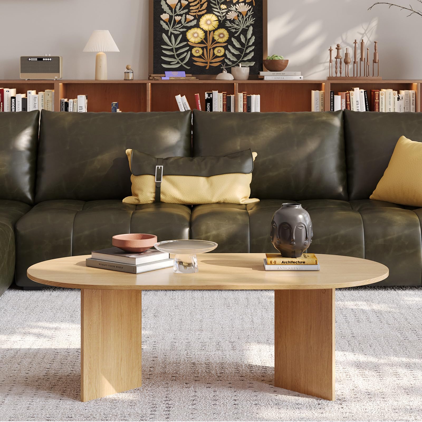 YOUDENOVA Mesa de centro ovalada de madera moderna, mesa de salón con estante, mesa de café, mesa pequeña para salón, roble natural, 120 x 60 x 40 cm