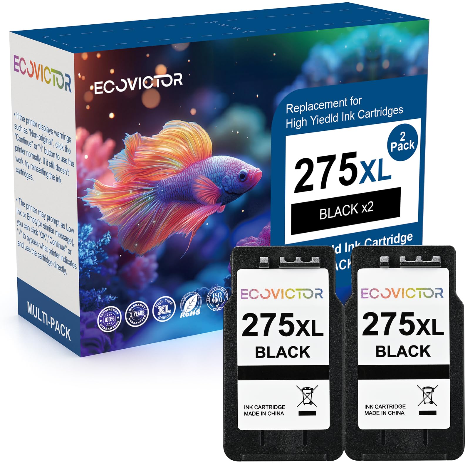 EcoVictor Remanufactured PG-275 Black Ink Cartridge Replacement for Canon 275XL PG275 Cannon PG-275XL PG275XL Black 2 Pack Ink for PIXMA TR4720 TR4700