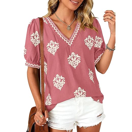 BTFBM Casual Spring Shirts for Women Beach Fashion Going Out Tops Vacation Short Sleeve Floral Boho Blouses Tunics