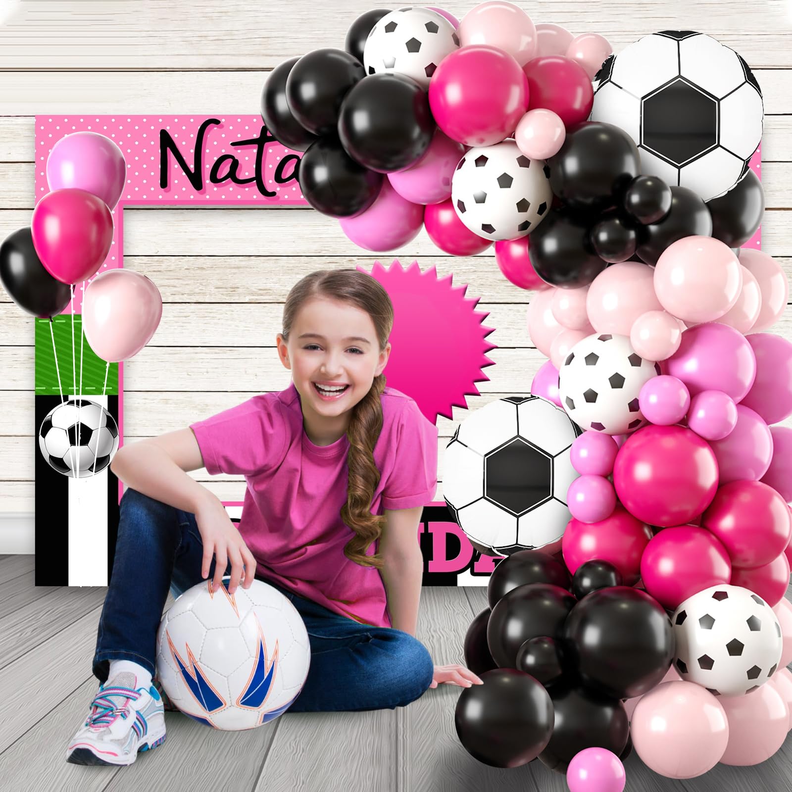 Fussball Luftballon Girlande, Schwarz Rosa Hot Pinke Ballon mit 4D Fußball Folienballons,Fussball Deko Geburtstag Mädchen, Rosa Luftballon Girlande for Fussball Geburtstag Party Dekoration