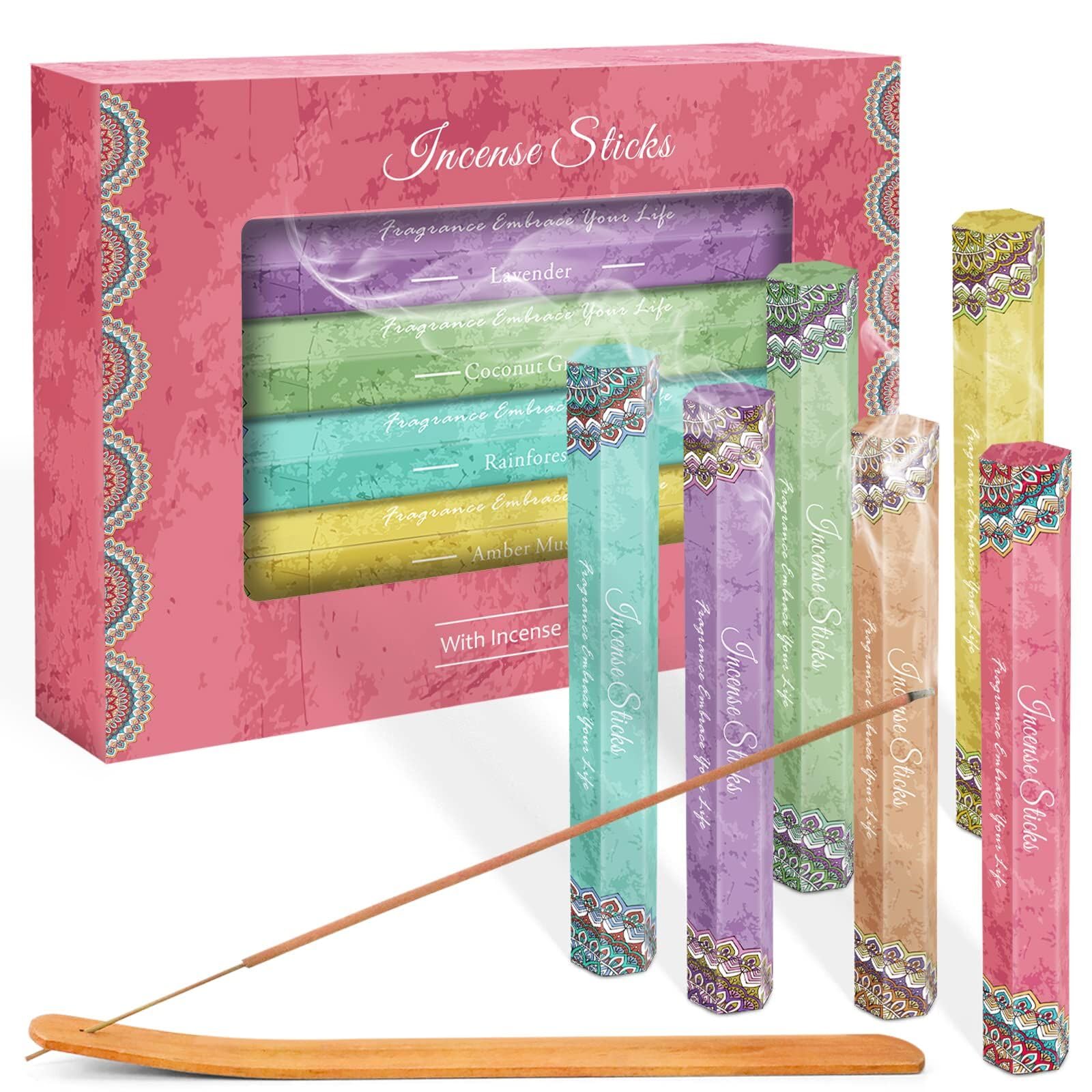 SCENTORINI Incense Sticks, 6 x 40 gram Insencents Sticks, Lavender, Vanilla, Rainforest, Coconut Grove, Musk, Includes a Incense Holder in Box