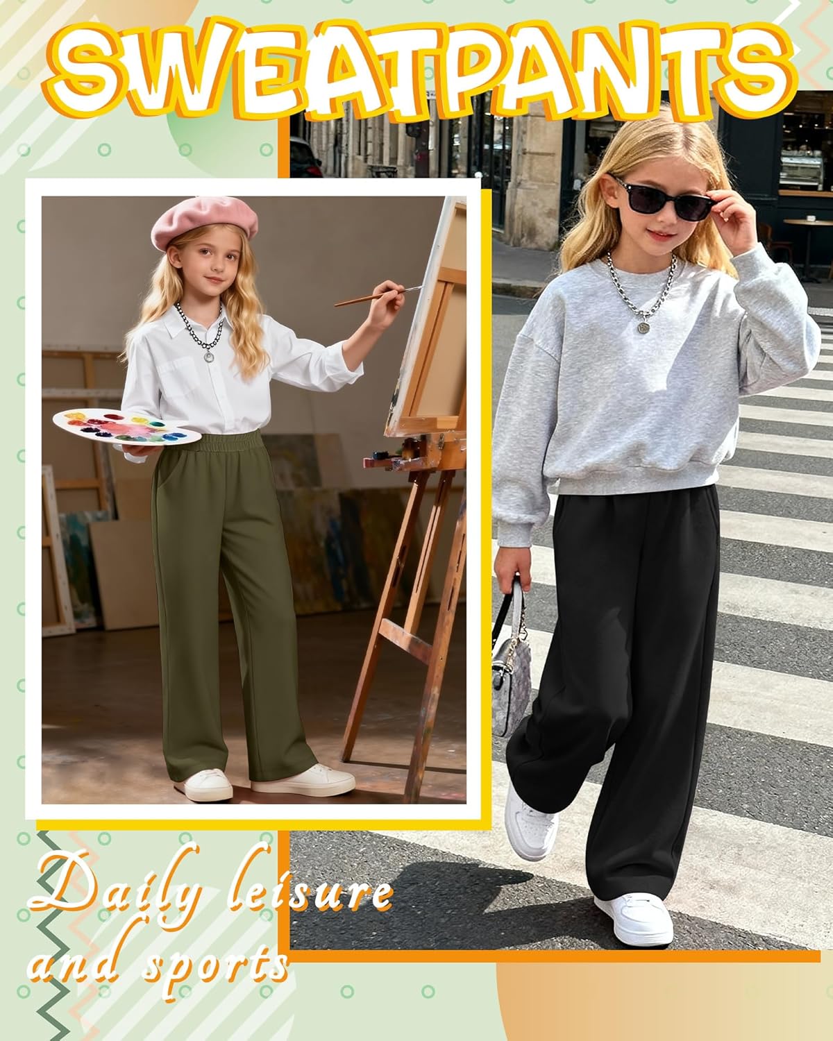 3 Pack Girls' Sweatpants Kids Straight Leg Casual Baggy Joggers Teen Loose Athletic Lightweight Pants with Pocket - Image 4