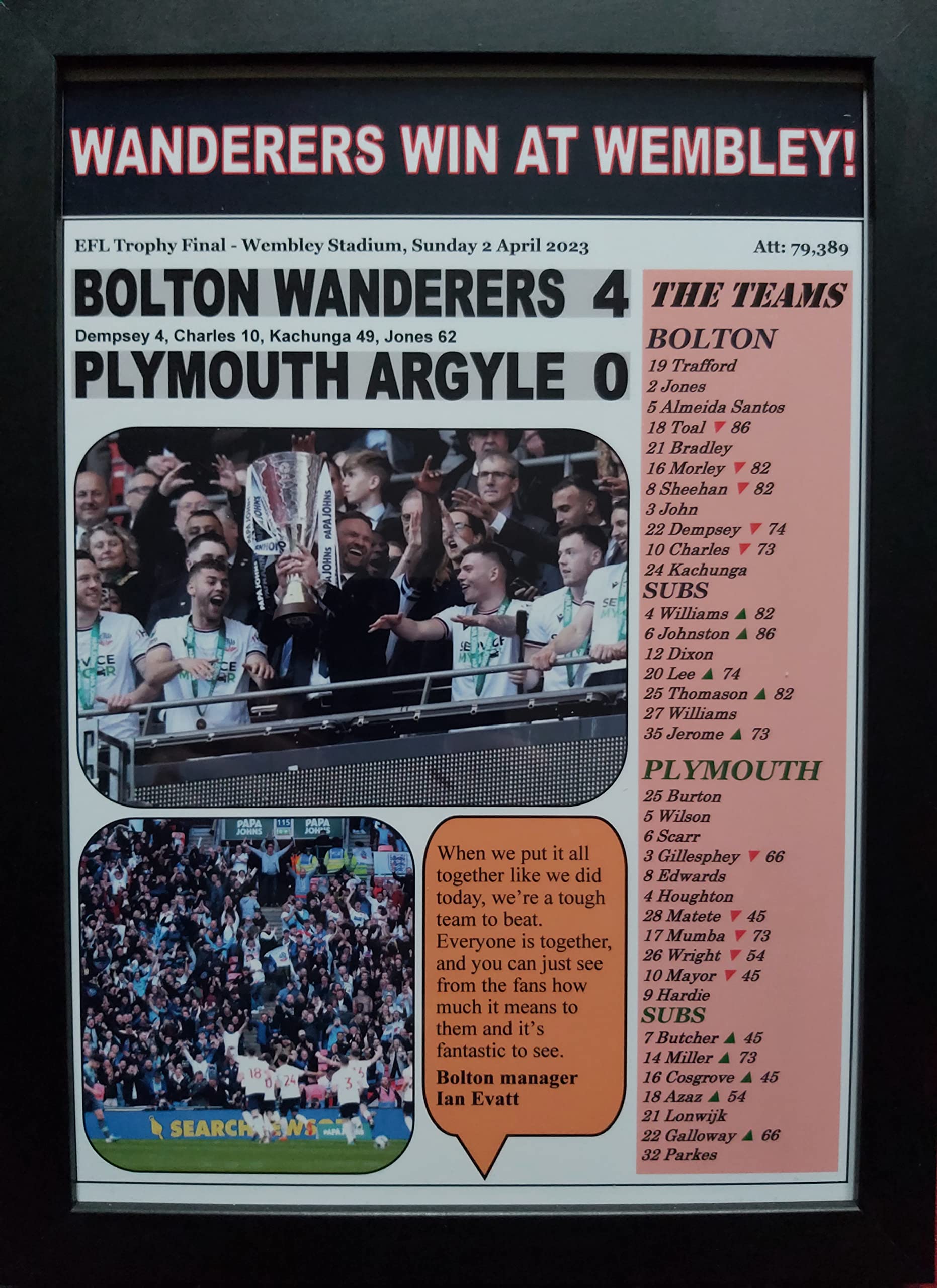 Multicoloured Bolton Wanderers 4 Plymouth Argyle 0-2023 Efl Trophy Final - Framed Print