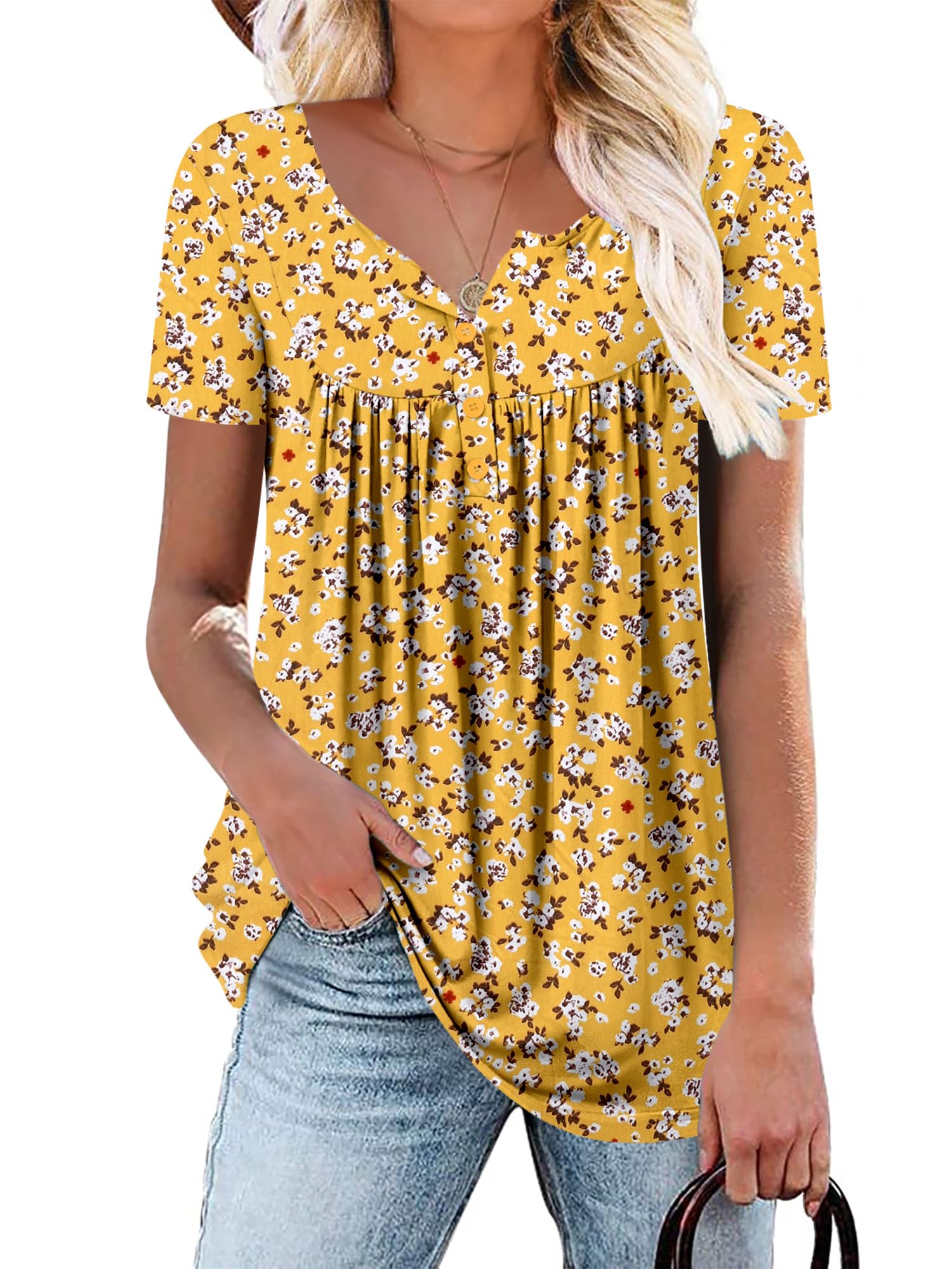 KISSMODA Ladies Pleated Tunic Tops for Women Buttons up Long Sleeve Shirts Floral Print — view 23