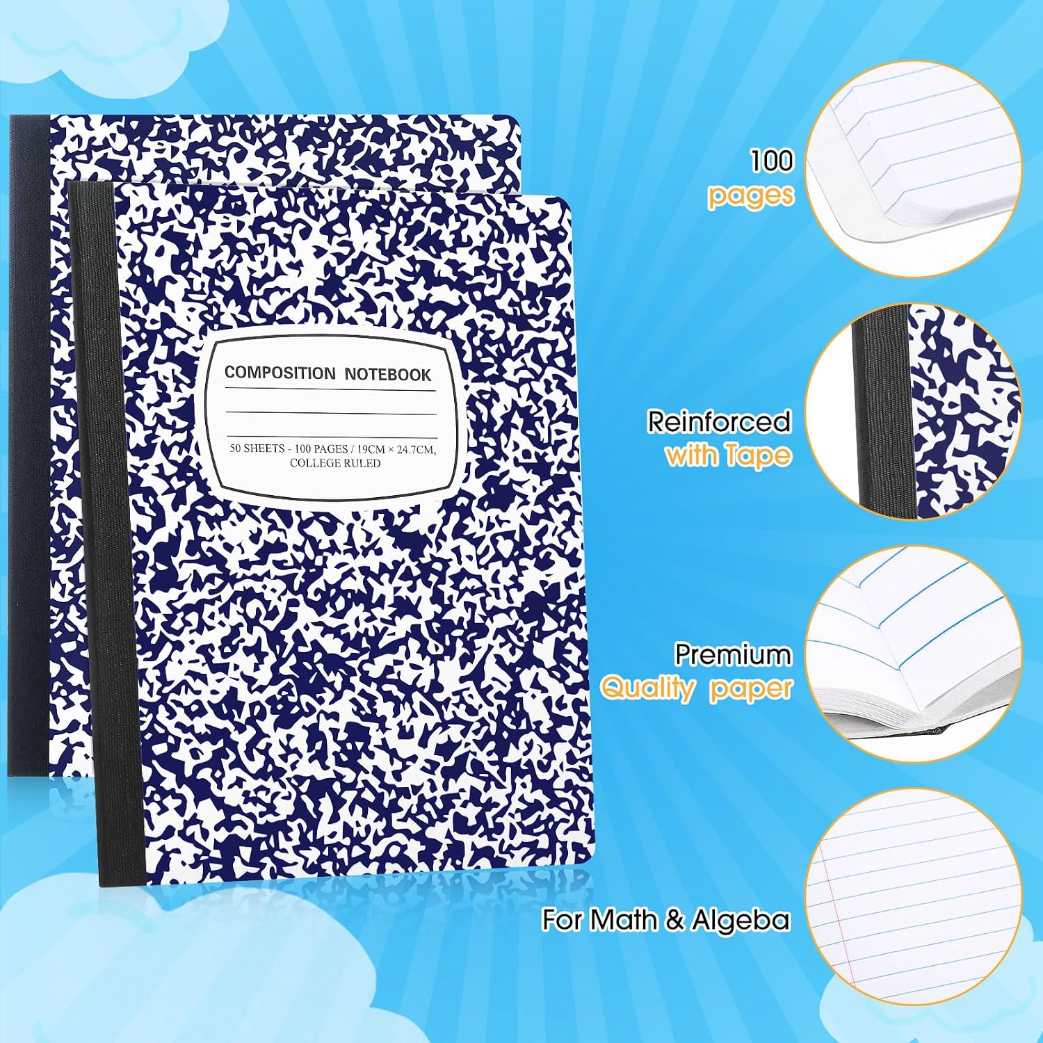 Fainne 60 Pack B5 Composition Notebooks Bulk 7.5 x 9.75'' College Ruled Composition Notebooks 50 Sheets (100 pages) Marble Covers Notebook for School Classroom Office Supplies (Blue)