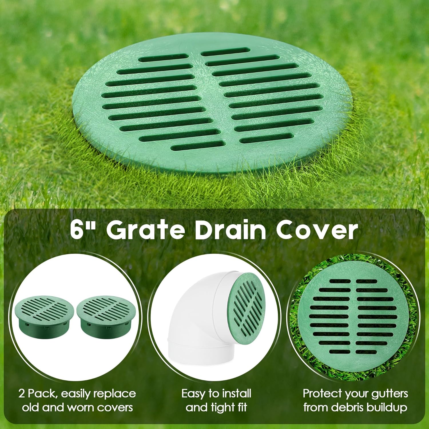 Meonum 2 Pcs 6" Round Grate Drain Cover, Outdoor Round Flat Grate Cover Fits 6" Drain & Sewer, for Triple Wall Pipe, Corrugated Landscape Pipe, Small Lawns