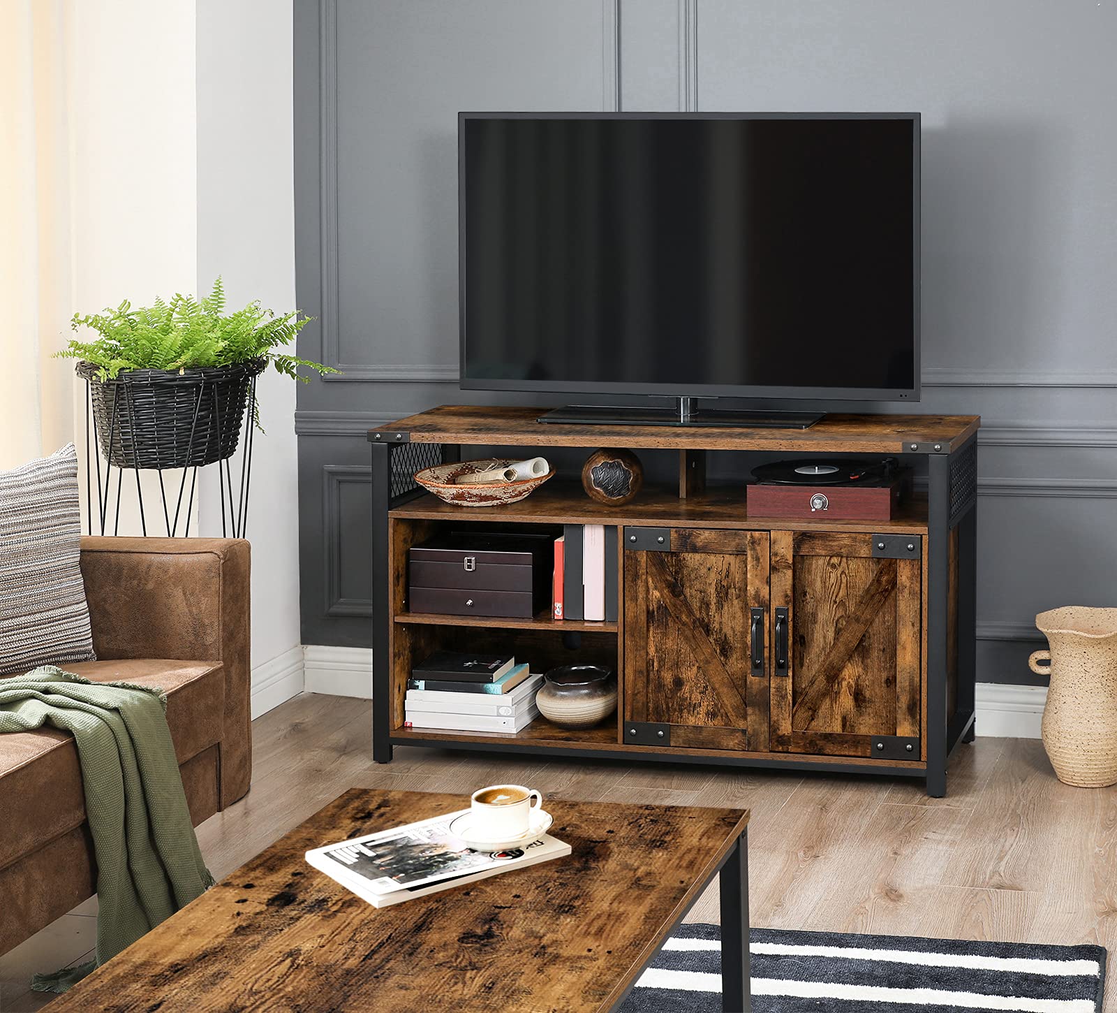 VASAGLE TV Stand for 55Inch TV with Barn Doors, Entertainment Center