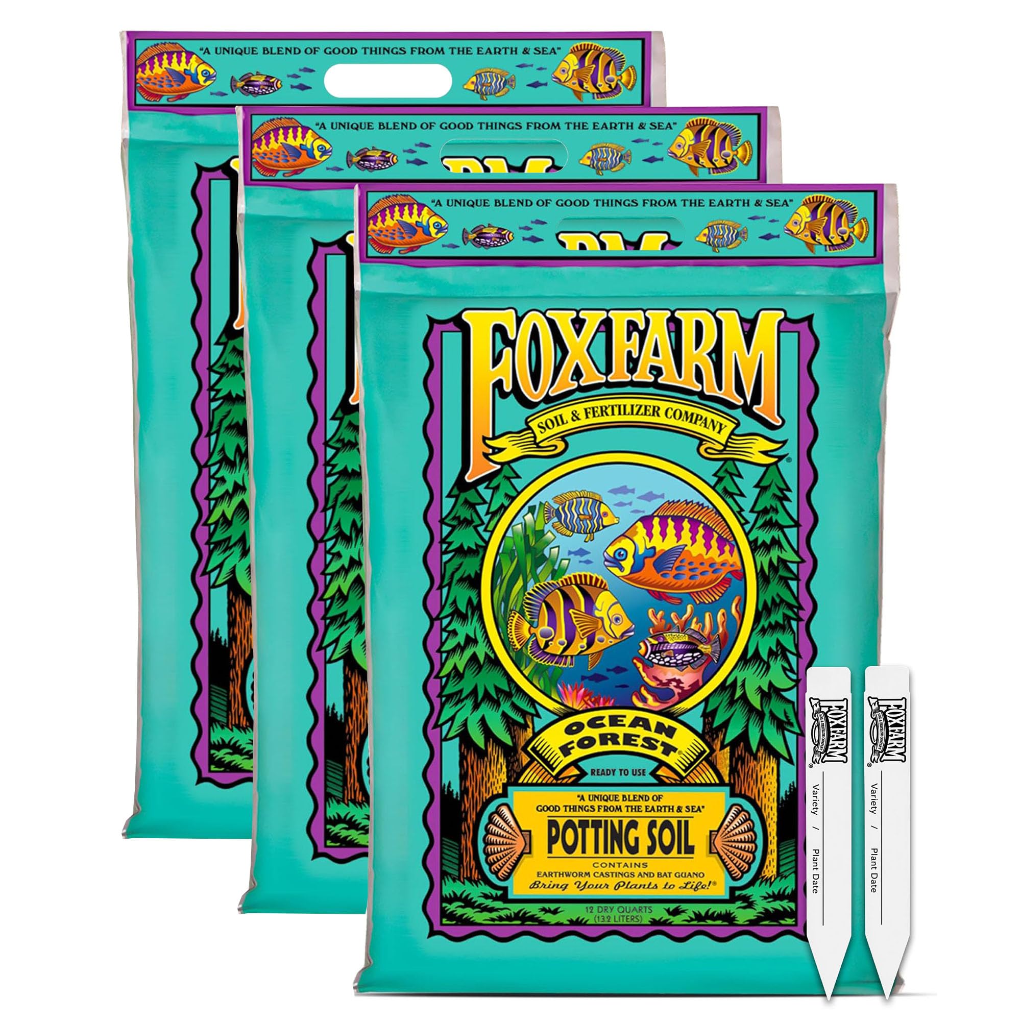 FoxFarm Ocean Forest Potting Soil with 2 Plant Tags, 12qt (3 Pack)