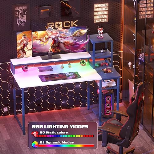 Miniatura 10 de armocity Escritorio para juegos actualizado 2024 con luces LED, escritorio pequeño para computadora con soporte largo para monitor, mesa reversible