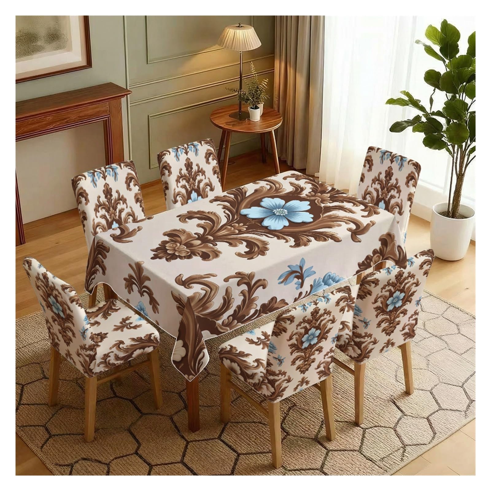 KXUAUV Brown And Blue Damask Floral Tablecloth And Stretch Chair Covers Set For Classic Dining Room Decor 5/7 Pieces Party Decor(7pcs Set: Tablecloth+Chair Covers)