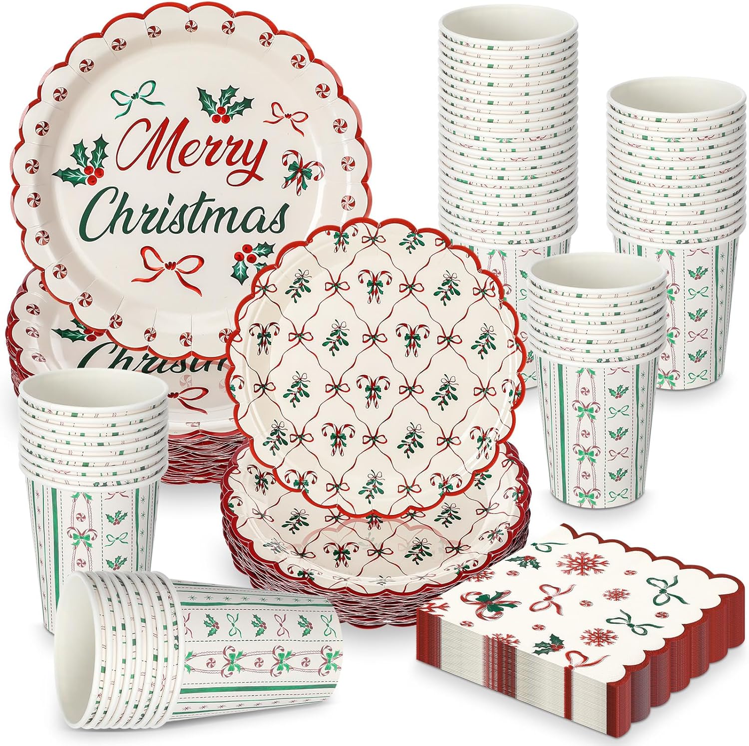 200 Pcs Bow Christmas Tableware Set Disposable Plates and Napkins Paper Cups Coquette Aesthetic Bows Party Supplies Christmas Plates Set Holiday Dinnerware for Home Xmas Holiday Decoration