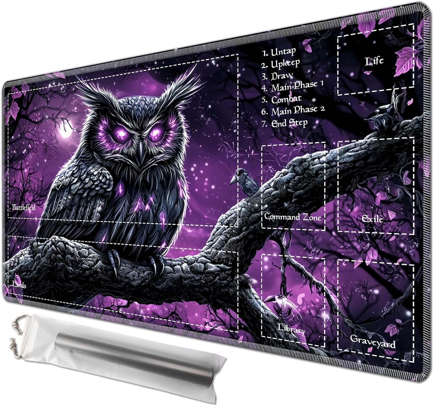 Playmat 24" x 14" with Magic Zones for MTG Card Game Playing, Board Game Mat for Card Breaking Commander Deck Gaming Card Game Battles Mat with Storage Bags, Forest Owl