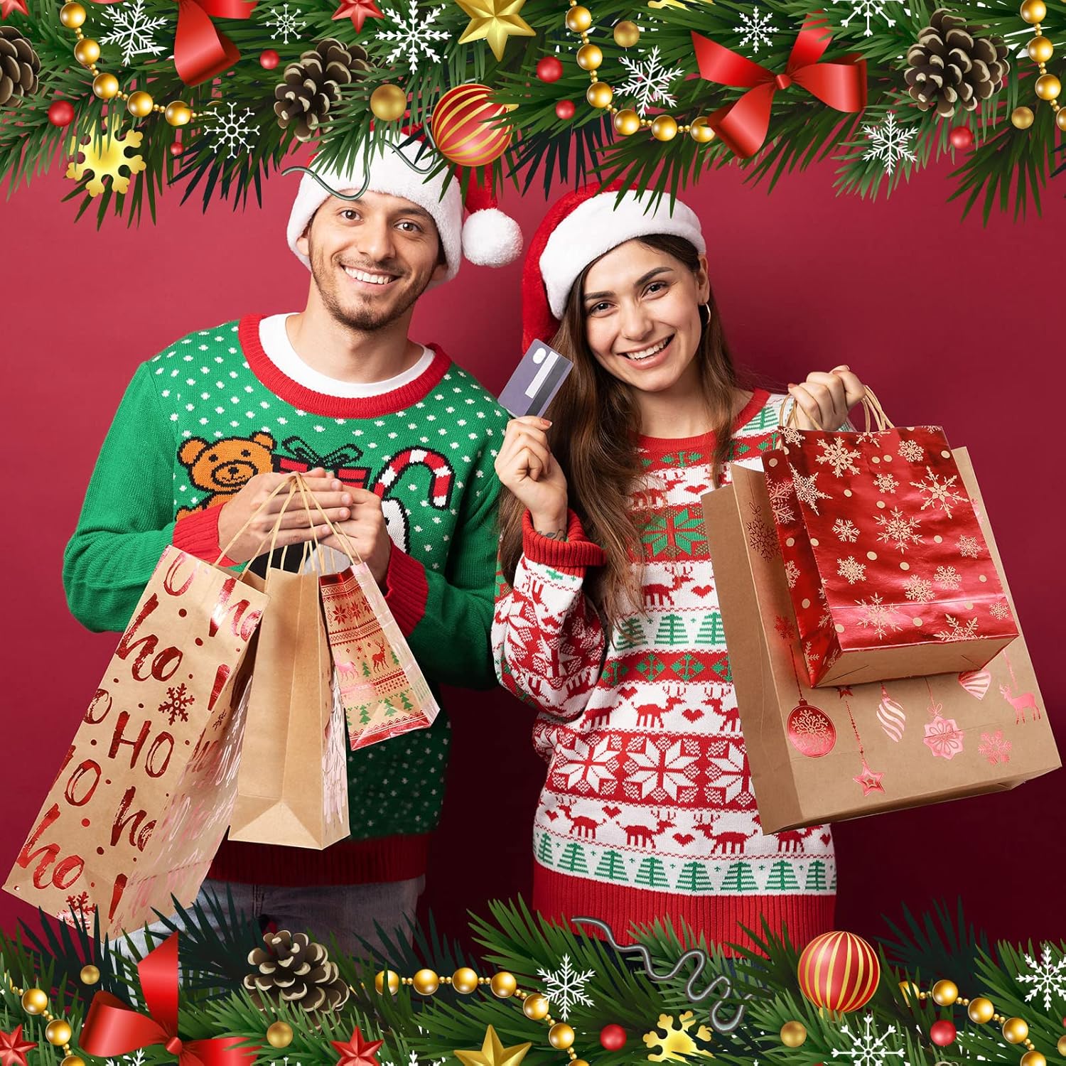 Nezyo 18 Pcs Christmas Gift Bags Multipack Winter Kraft Paper Bags with Handle Bronzing Metallic Gift Treat Goodie Assorted Sizes Bulk for Holiday New Year Eve Party Packaging Decor(Red)