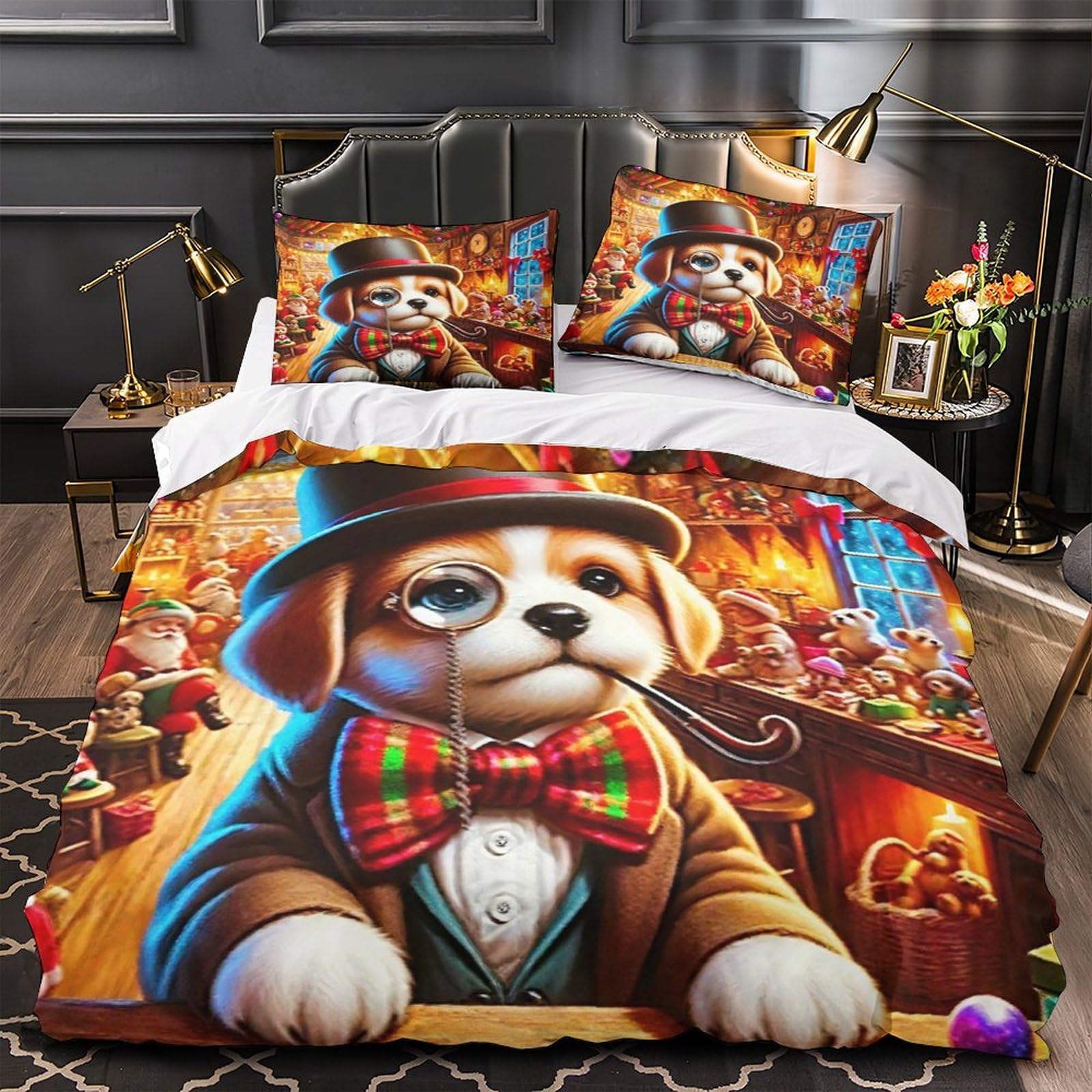 Linge de lit chiot Noël 260x220cm housse couette microfibre douce enfant