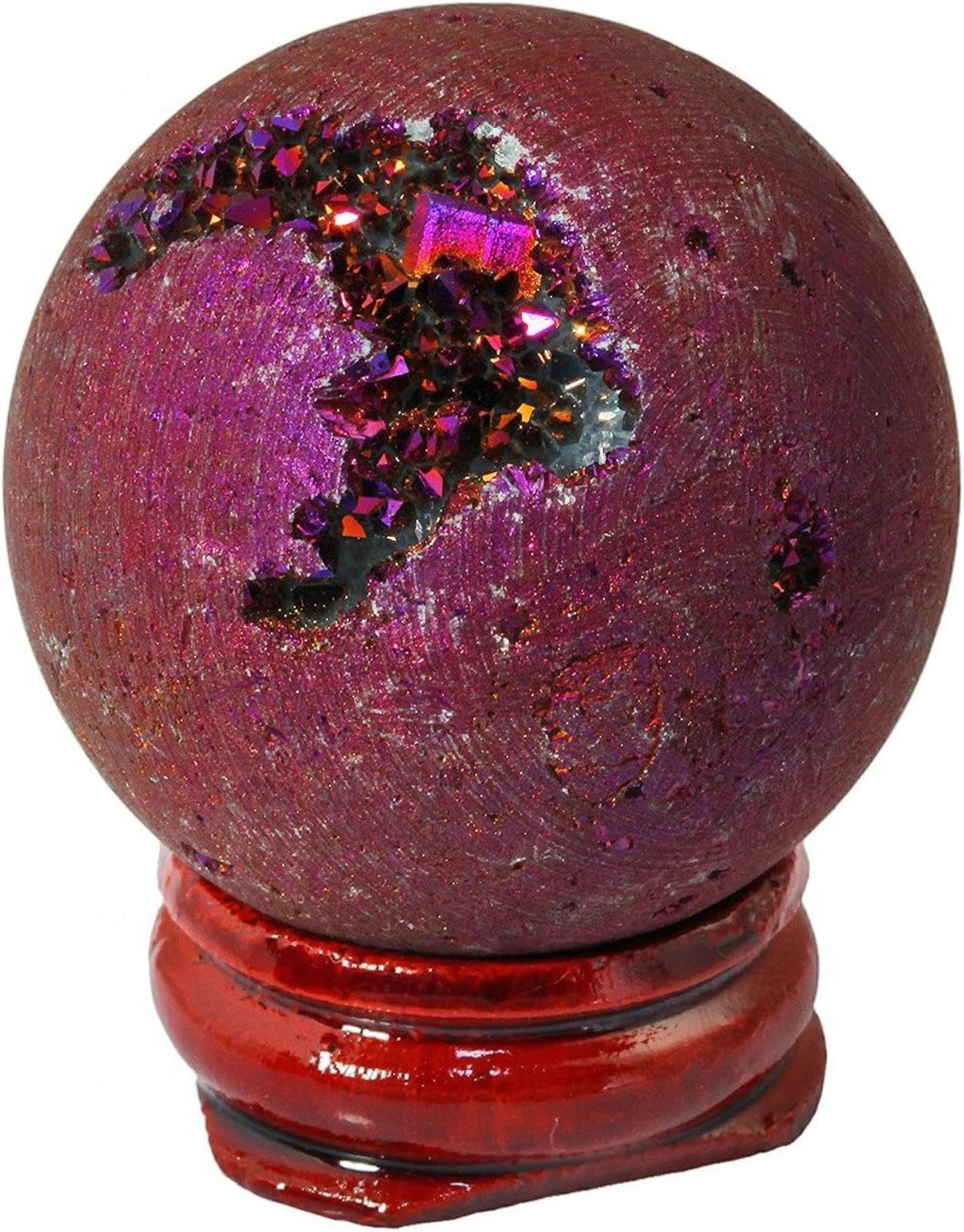 PKNVKZIDK 40mm Titanium Coated Agate Geode Crystal Sphere Ball with Wooden Stand, Purple Quartz Stone Gift Ornament for Room Office Decor