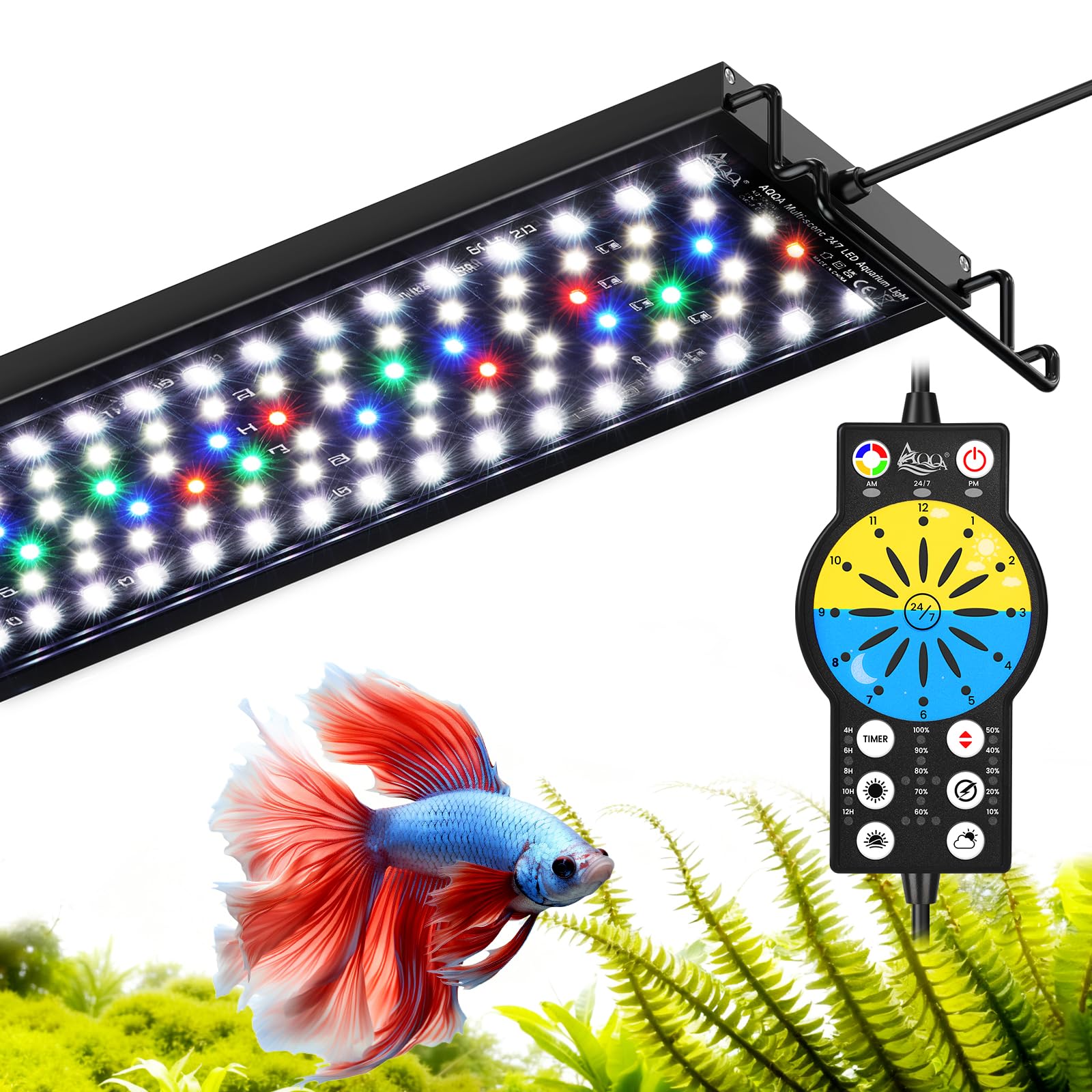 AQQA Aquarium Light with 24/7 Sunrise Sunset Mode, 9 Colors & 10-Level Brightness, Full Spectrum LED Fish Tank Light with Timer for Plant Growth, Freshwater Tanks (22W for 12-18 inch Tank)